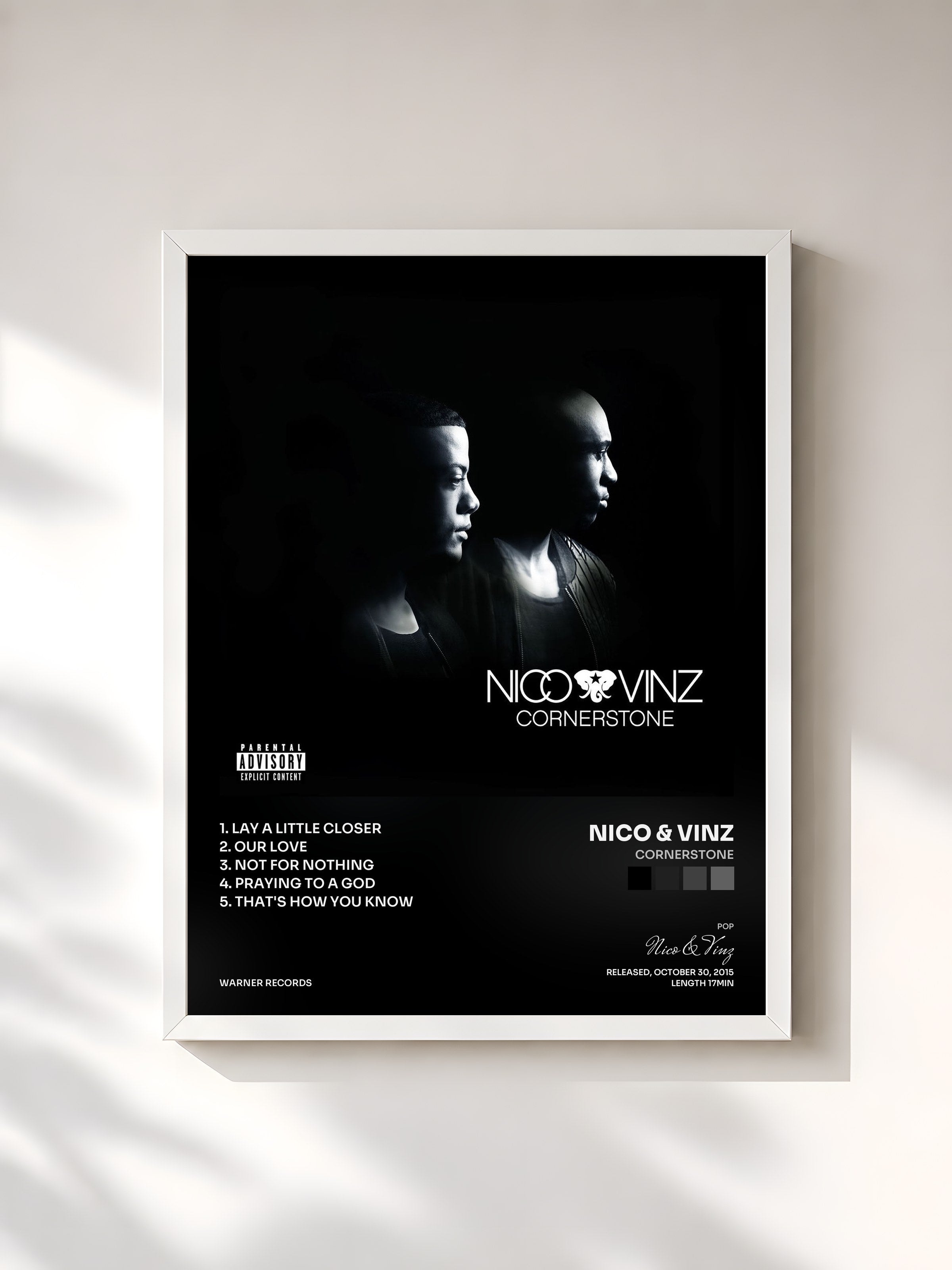 #blanc Tableau de l'album Cornerstone de Nico & Vinz, cadre blanc, imprimé et encadré en France