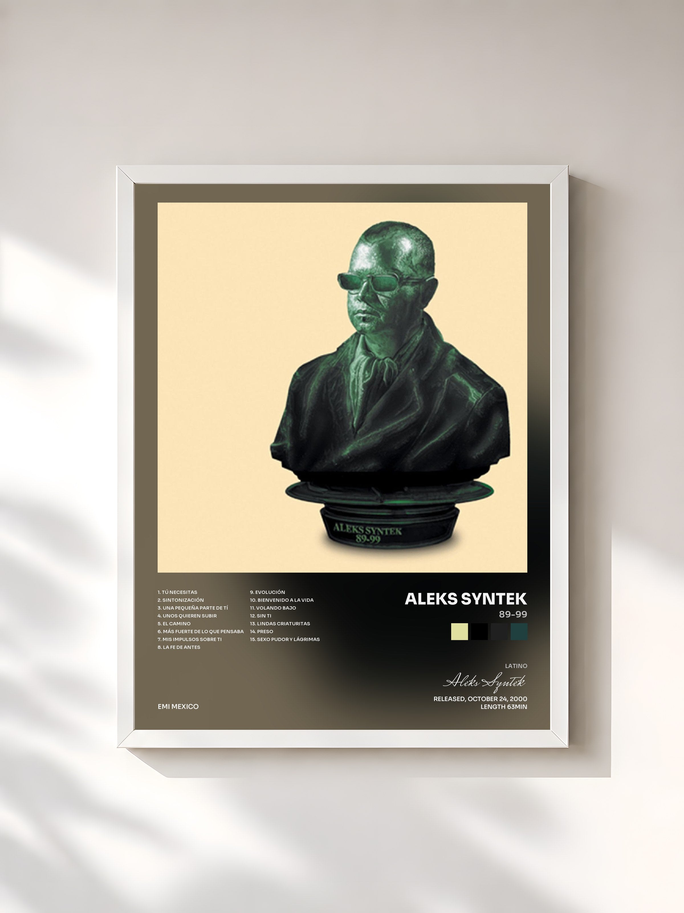 #blanc Tableau de l'album 89-99 de Aleks Syntek, cadre blanc, imprimé et encadré en France