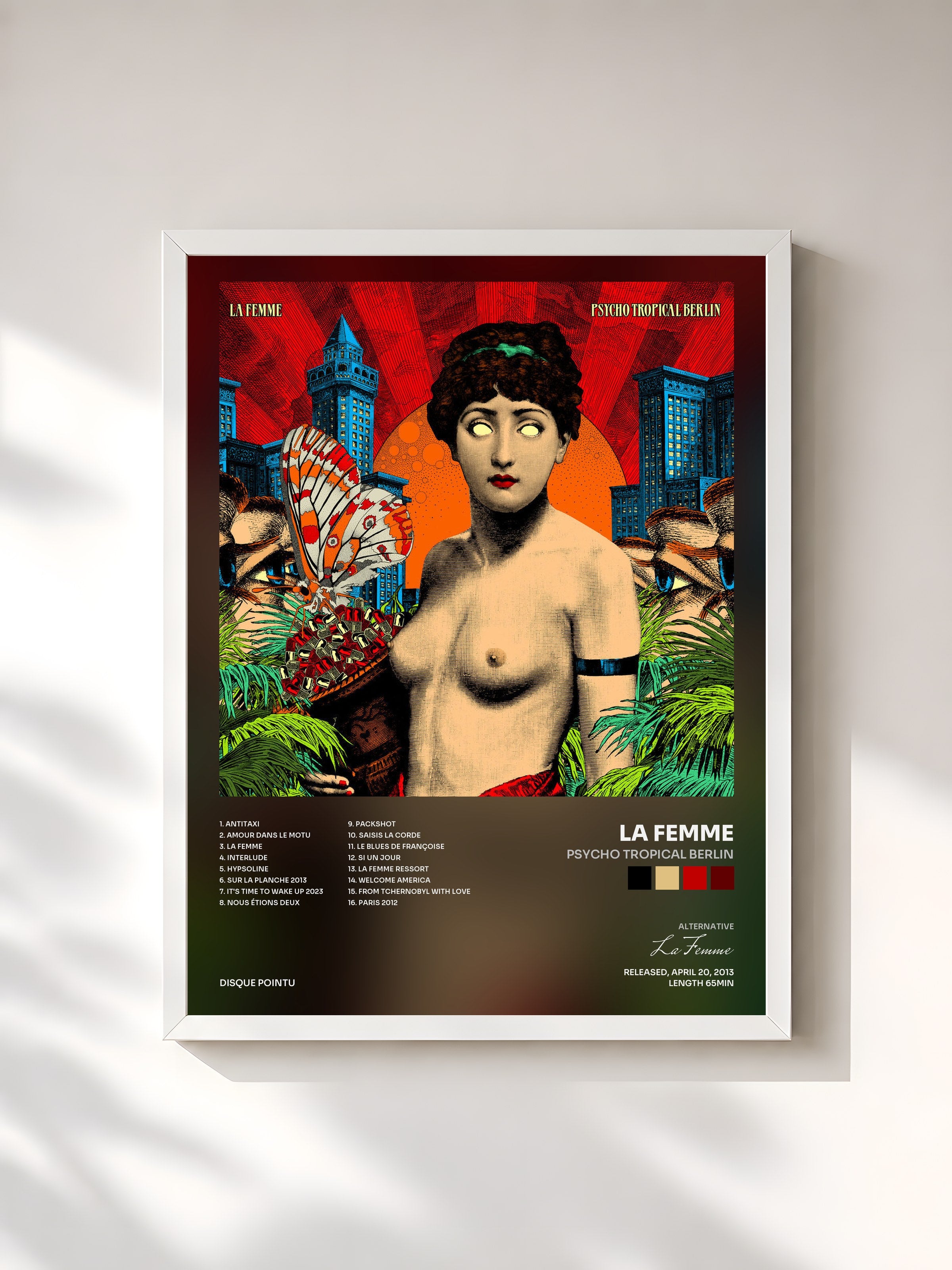 #blanc Tableau de l'album Psycho Tropical Berlin de La Femme, cadre blanc, imprimé et encadré en France