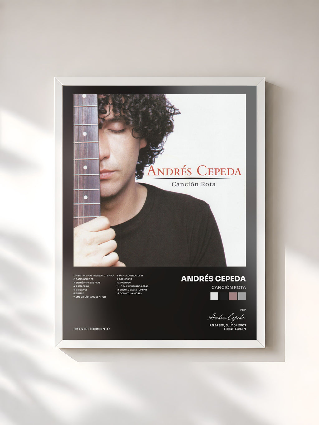 #blanc Tableau de l'album Canción Rota de Andrés Cepeda, cadre blanc, imprimé et encadré en France