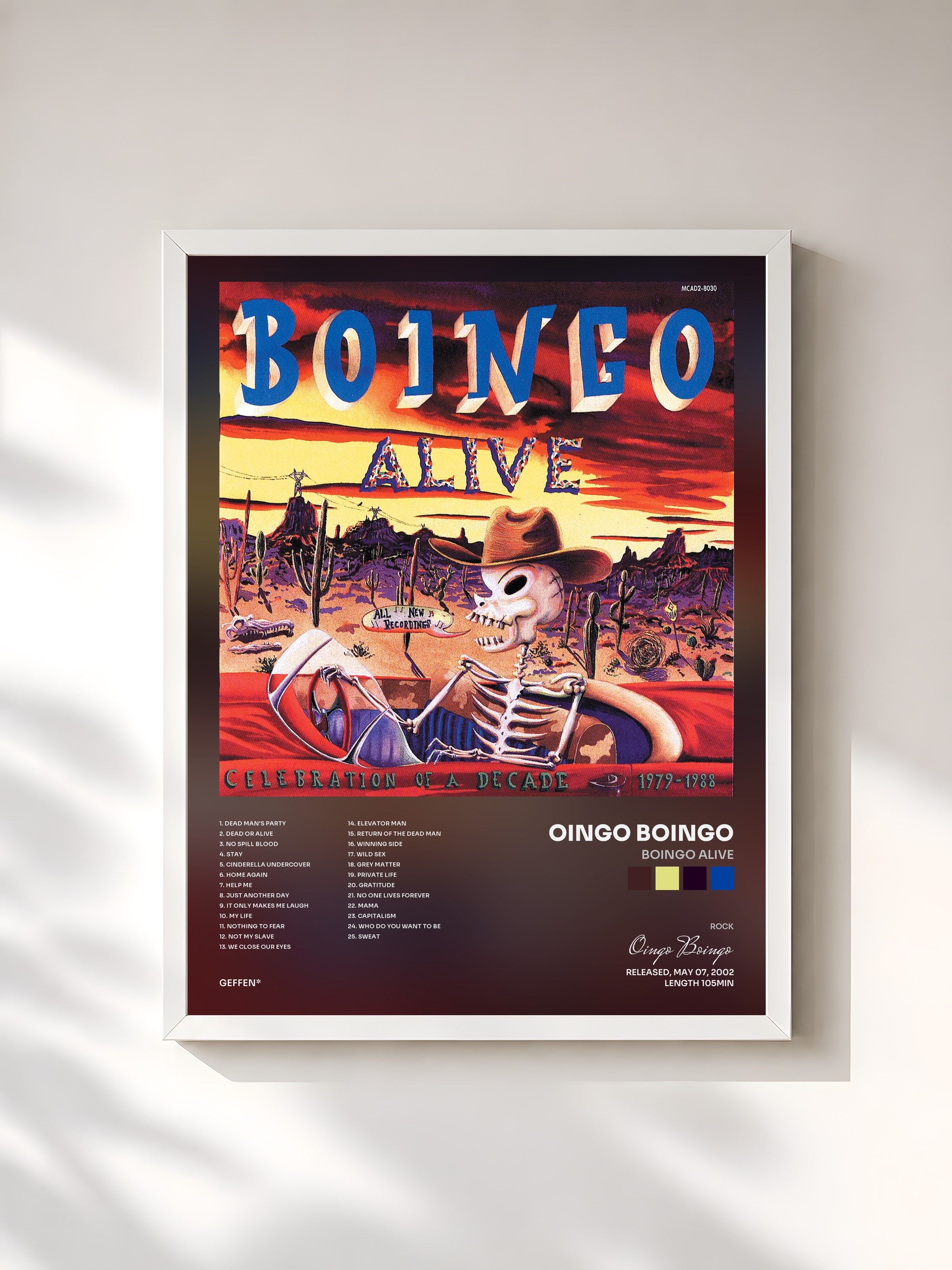 #blanc Tableau de l'album Boingo Alive de Oingo Boingo, cadre blanc, imprimé et encadré en France