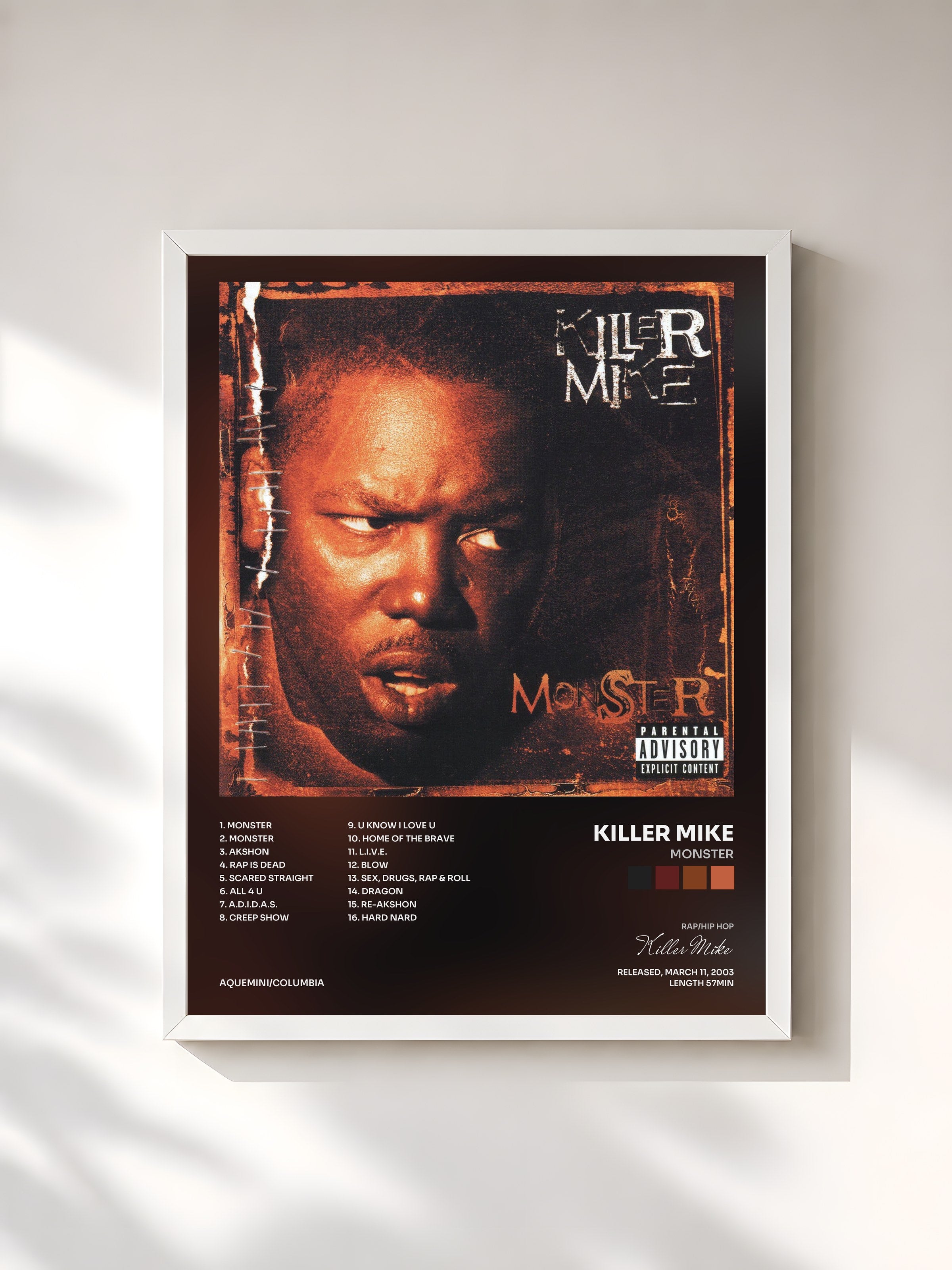 #blanc Tableau de l'album Monster de Killer Mike, cadre blanc, imprimé et encadré en France