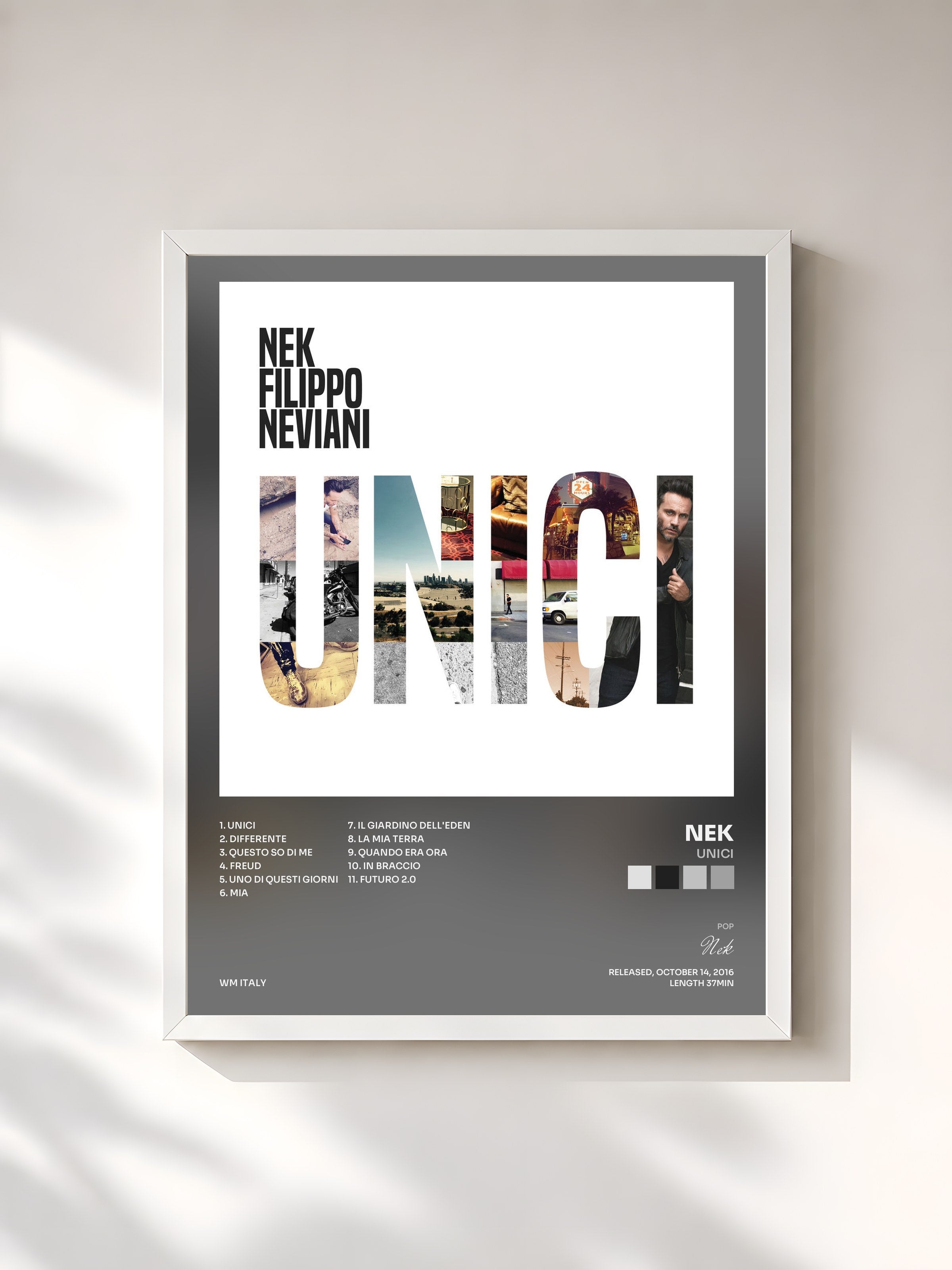 #blanc Tableau de l'album Unici de Nek, cadre blanc, imprimé et encadré en France