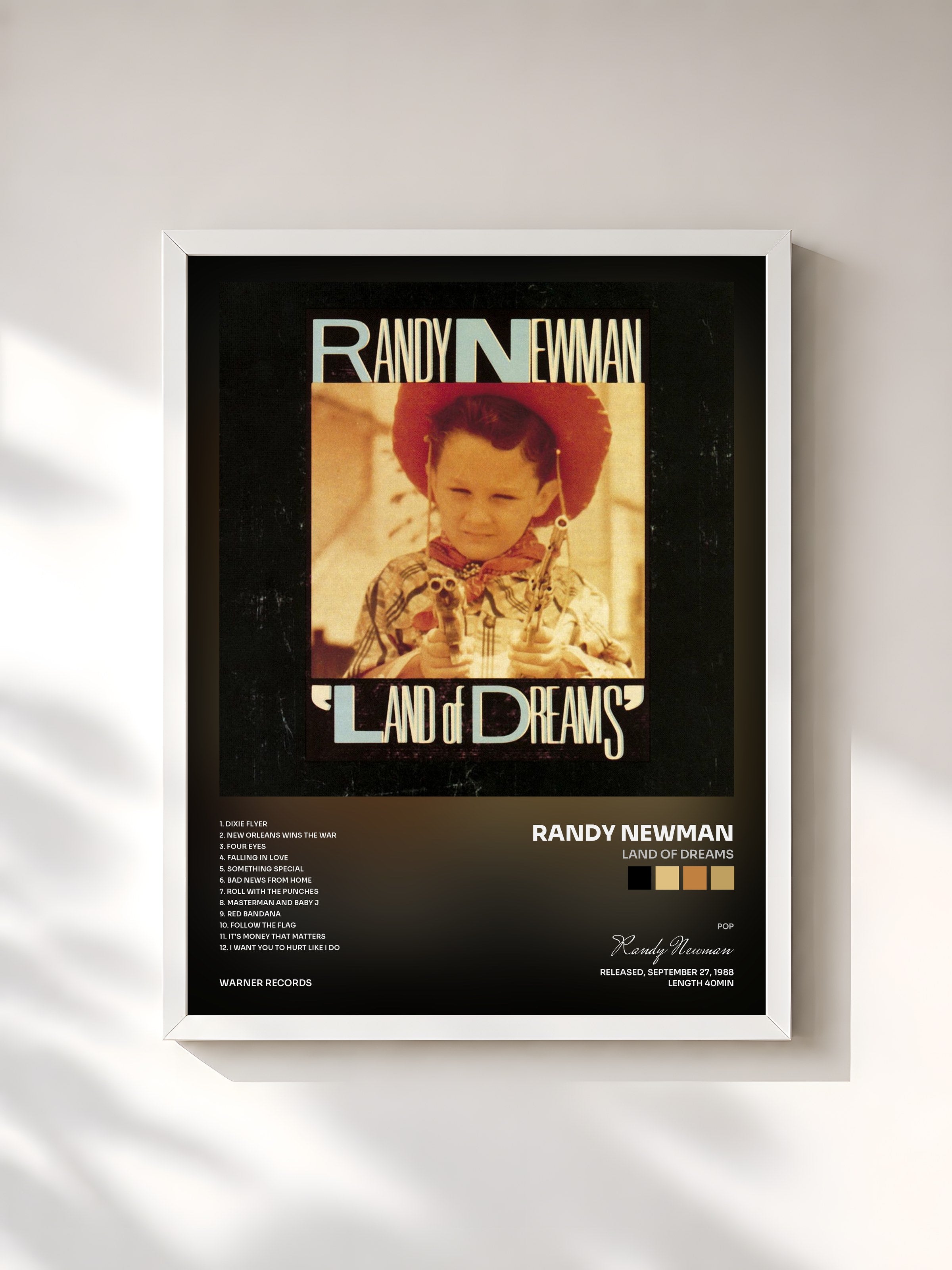 #blanc Tableau de l'album Land of Dreams de Randy Newman, cadre blanc, imprimé et encadré en France