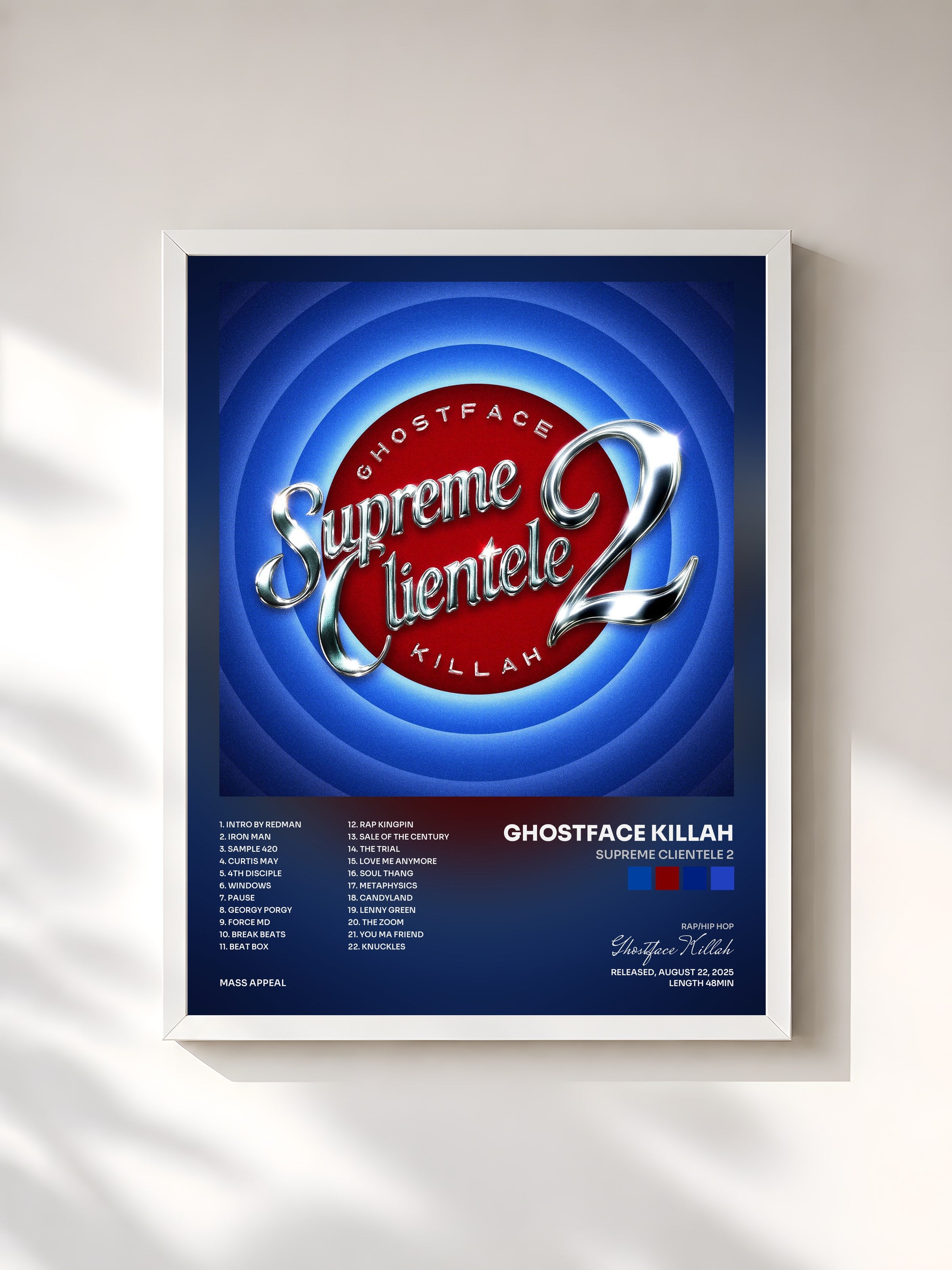 #blanc Tableau de l'album Supreme Clientele 2 de Ghostface Killah, cadre blanc, imprimé et encadré en France