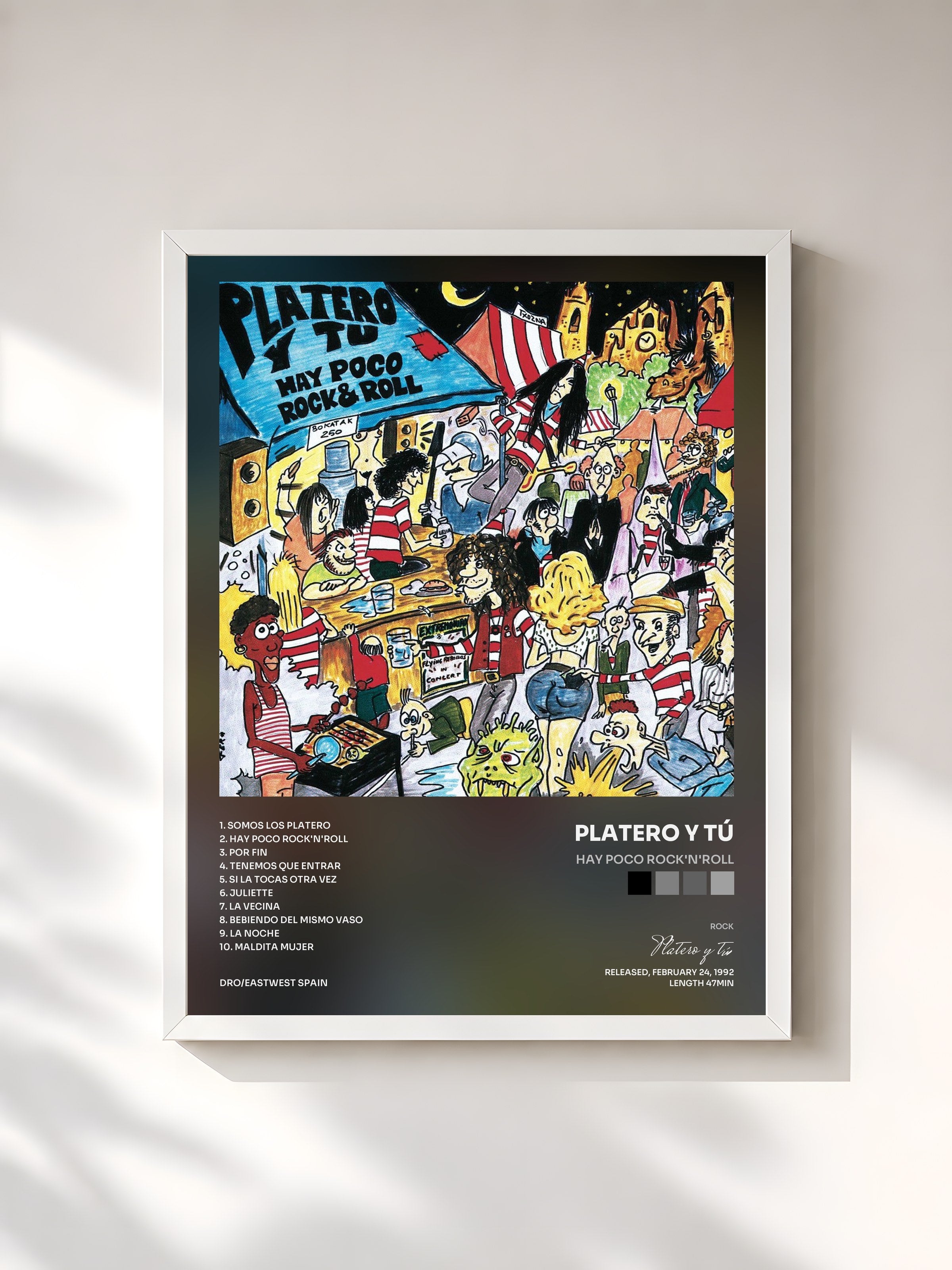 #blanc Tableau de l'album Hay poco Rock'n'Roll de Platero y tú, cadre blanc, imprimé et encadré en France