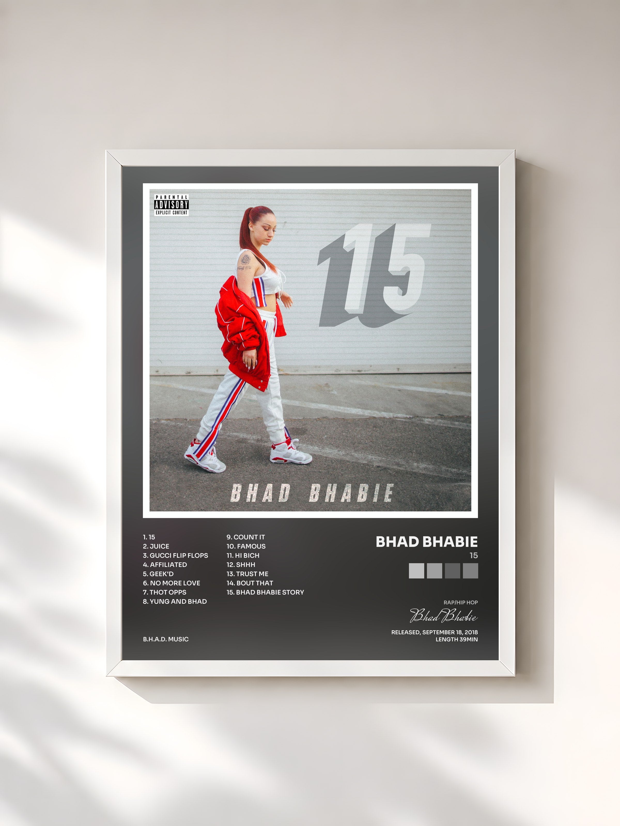 #blanc Tableau de l'album 15 de Bhad Bhabie, cadre blanc, imprimé et encadré en France