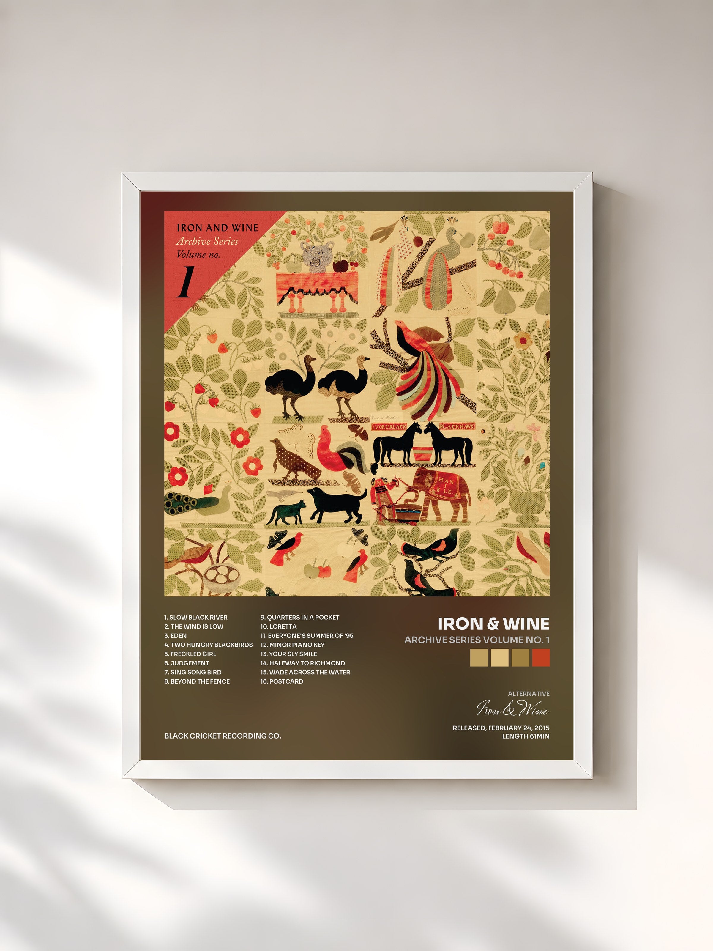 #blanc Tableau de l'album Archive Series Volume No. 1 de Iron & Wine, cadre blanc, imprimé et encadré en France