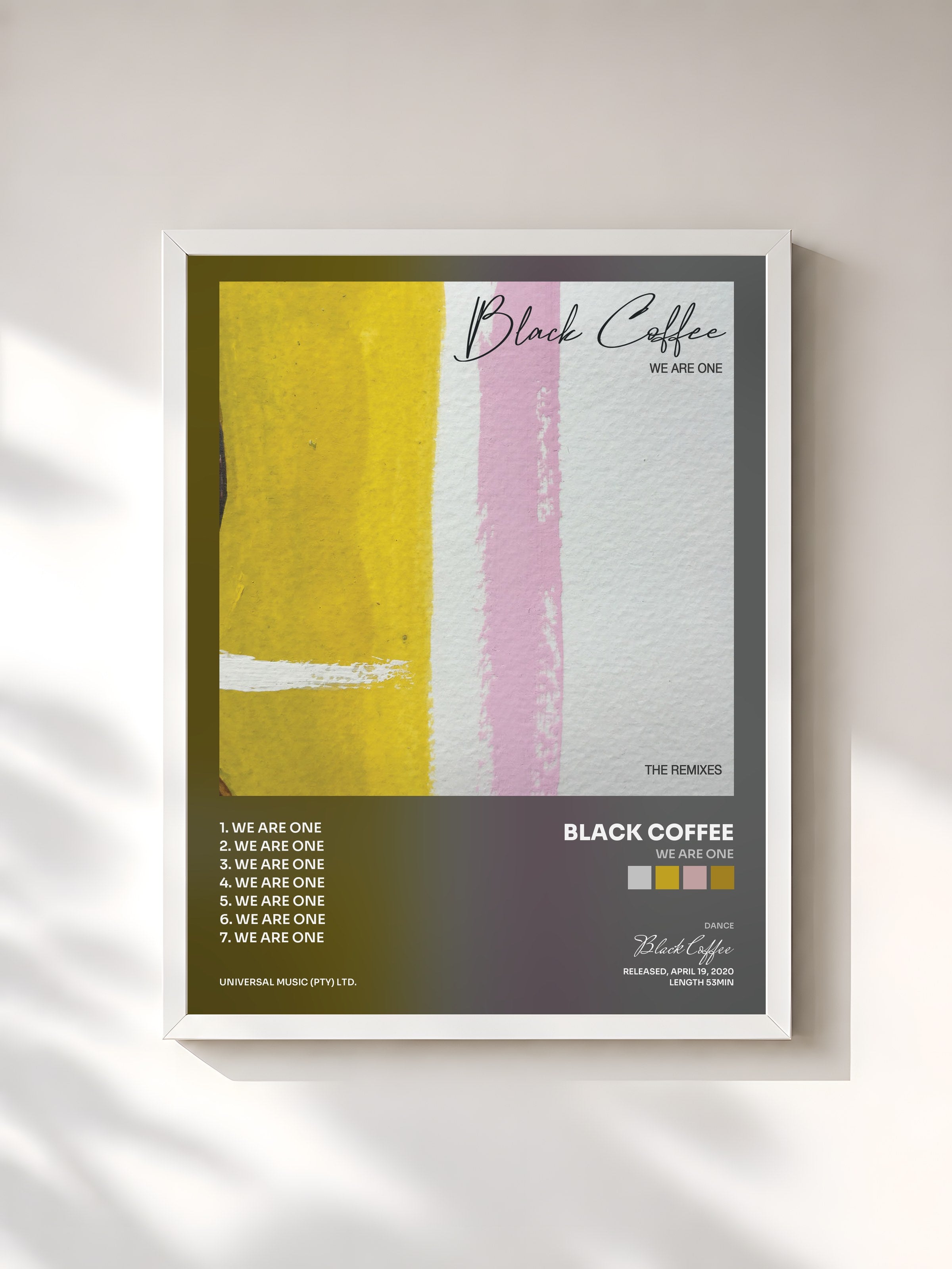 #blanc Tableau de l'album We Are One de Black Coffee, cadre blanc, imprimé et encadré en France