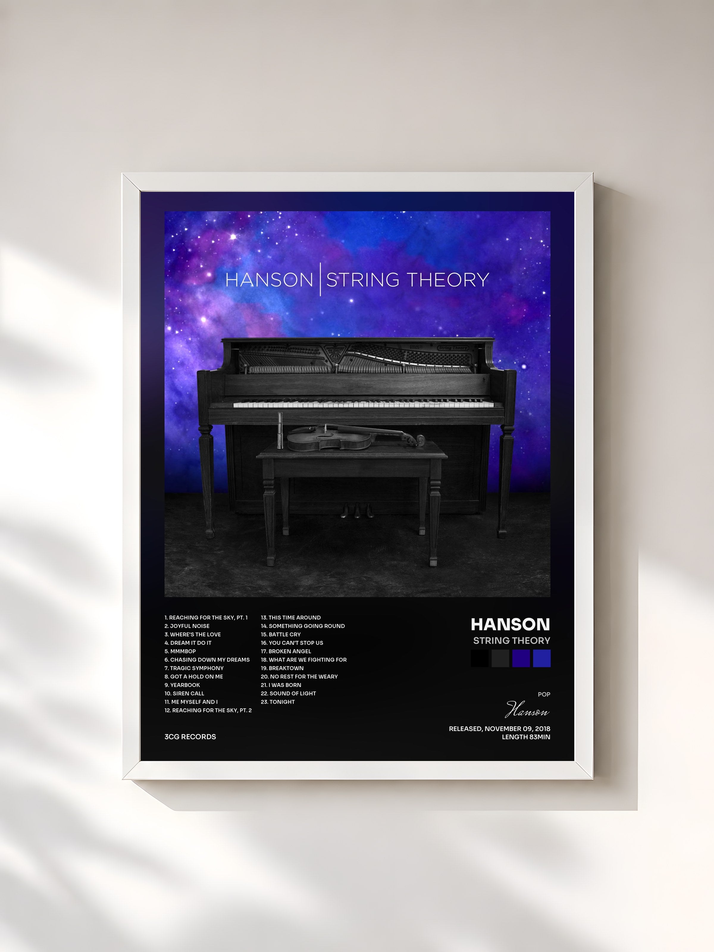 #blanc Tableau de l'album String Theory de Hanson, cadre blanc, imprimé et encadré en France