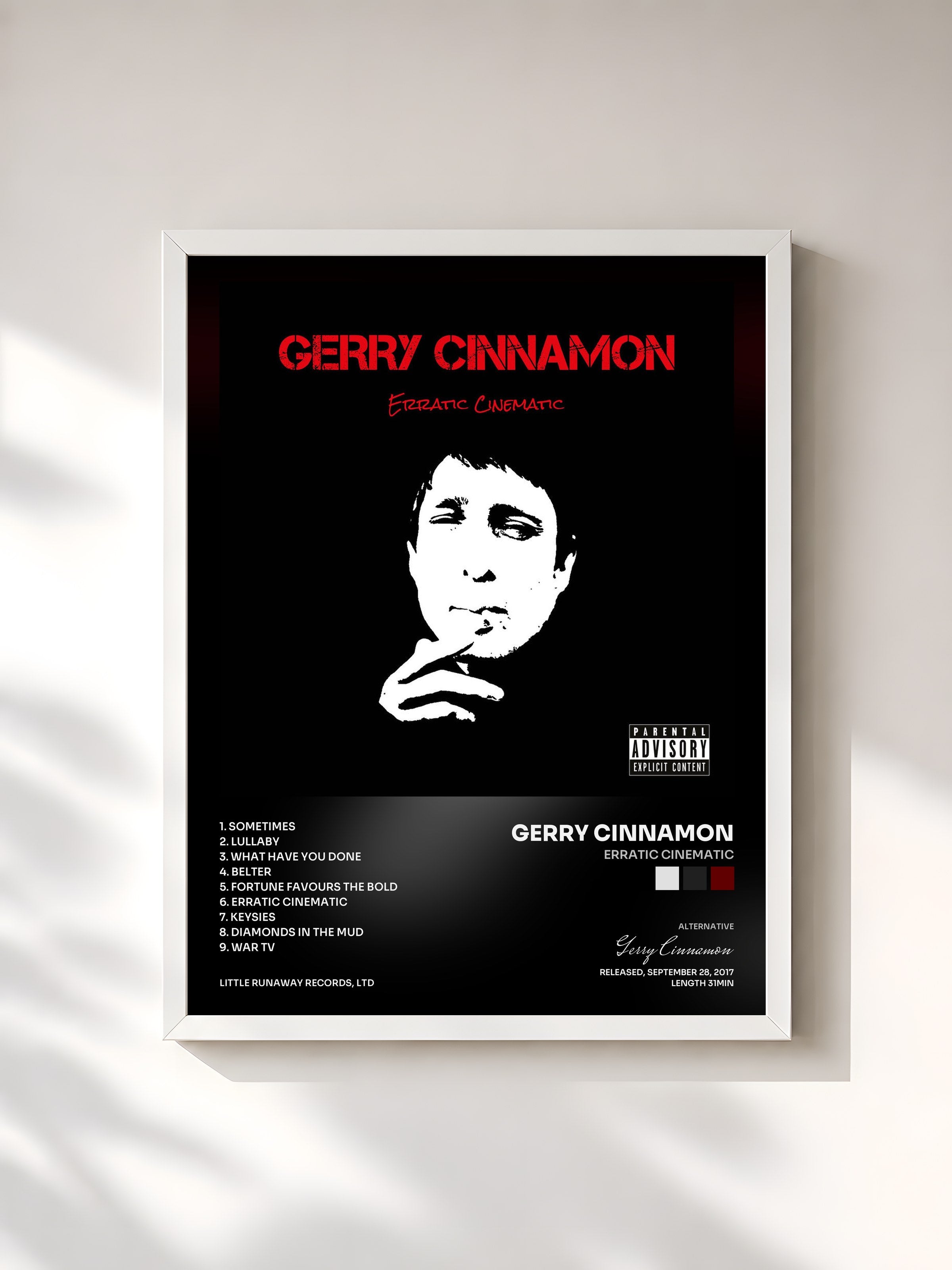 #blanc Tableau de l'album Erratic Cinematic de Gerry Cinnamon, cadre blanc, imprimé et encadré en France