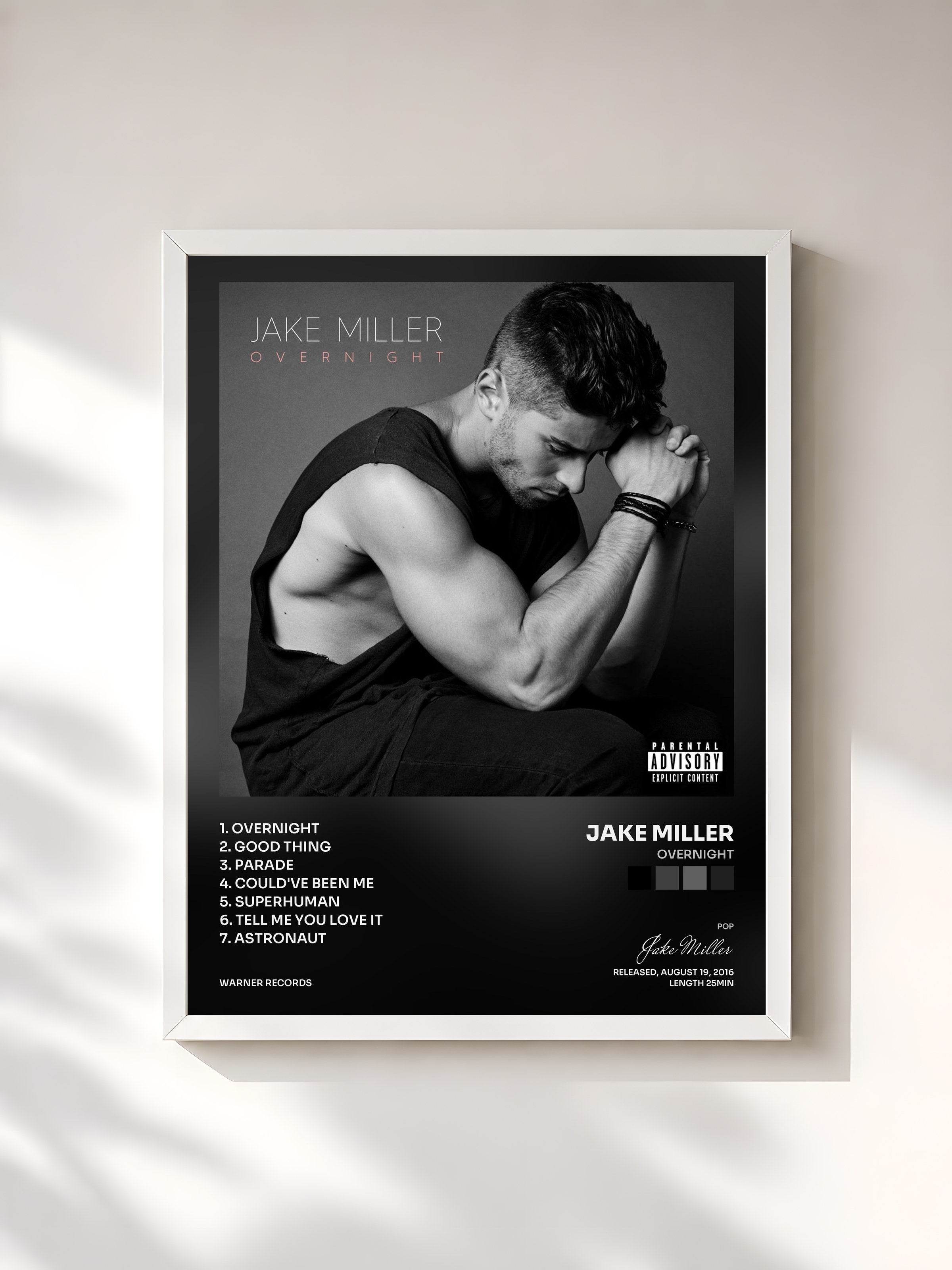 #blanc Tableau de l'album Overnight de Jake Miller, cadre blanc, imprimé et encadré en France