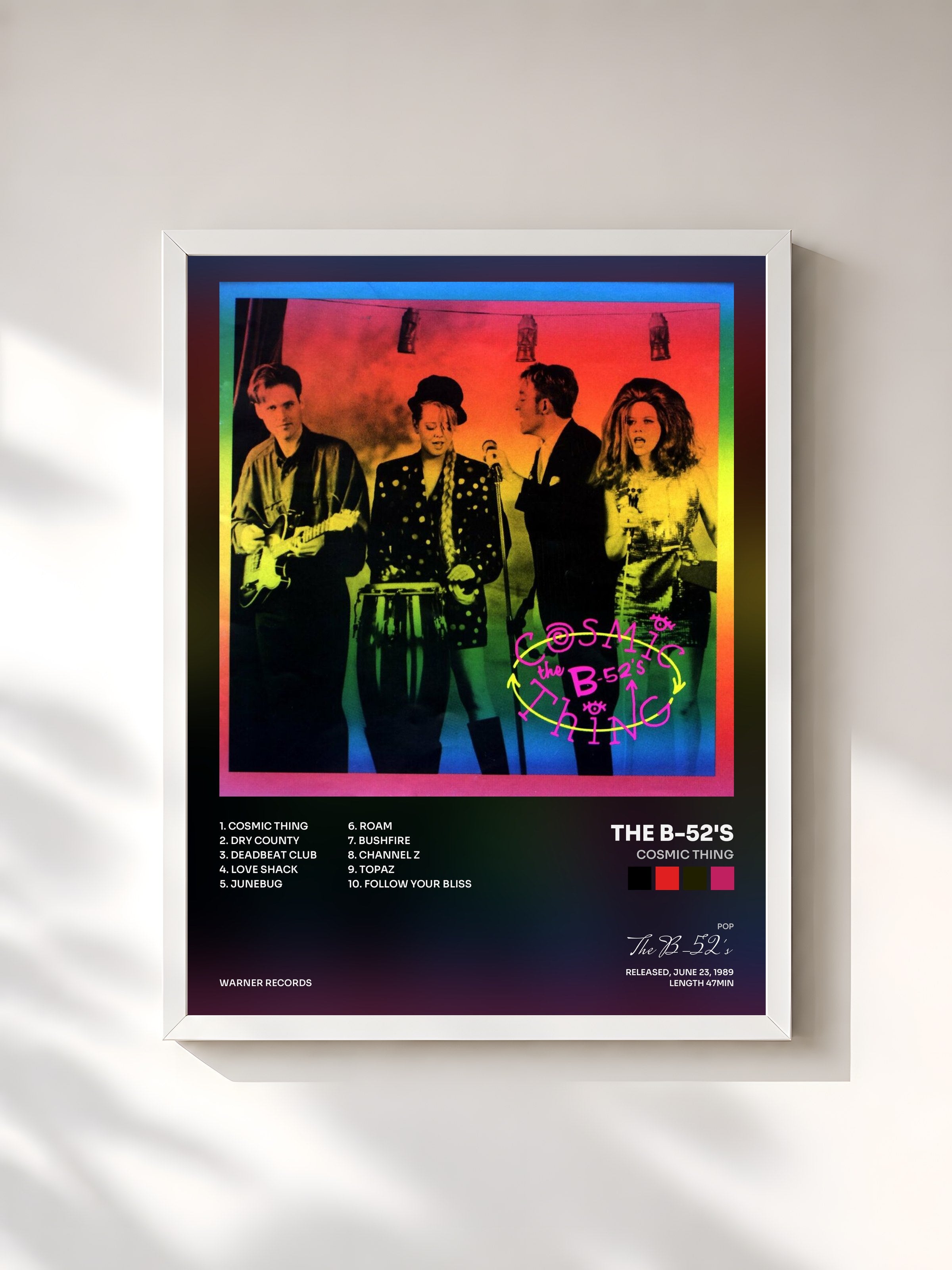 #blanc Tableau de l'album Cosmic Thing de The B-52's, cadre blanc, imprimé et encadré en France