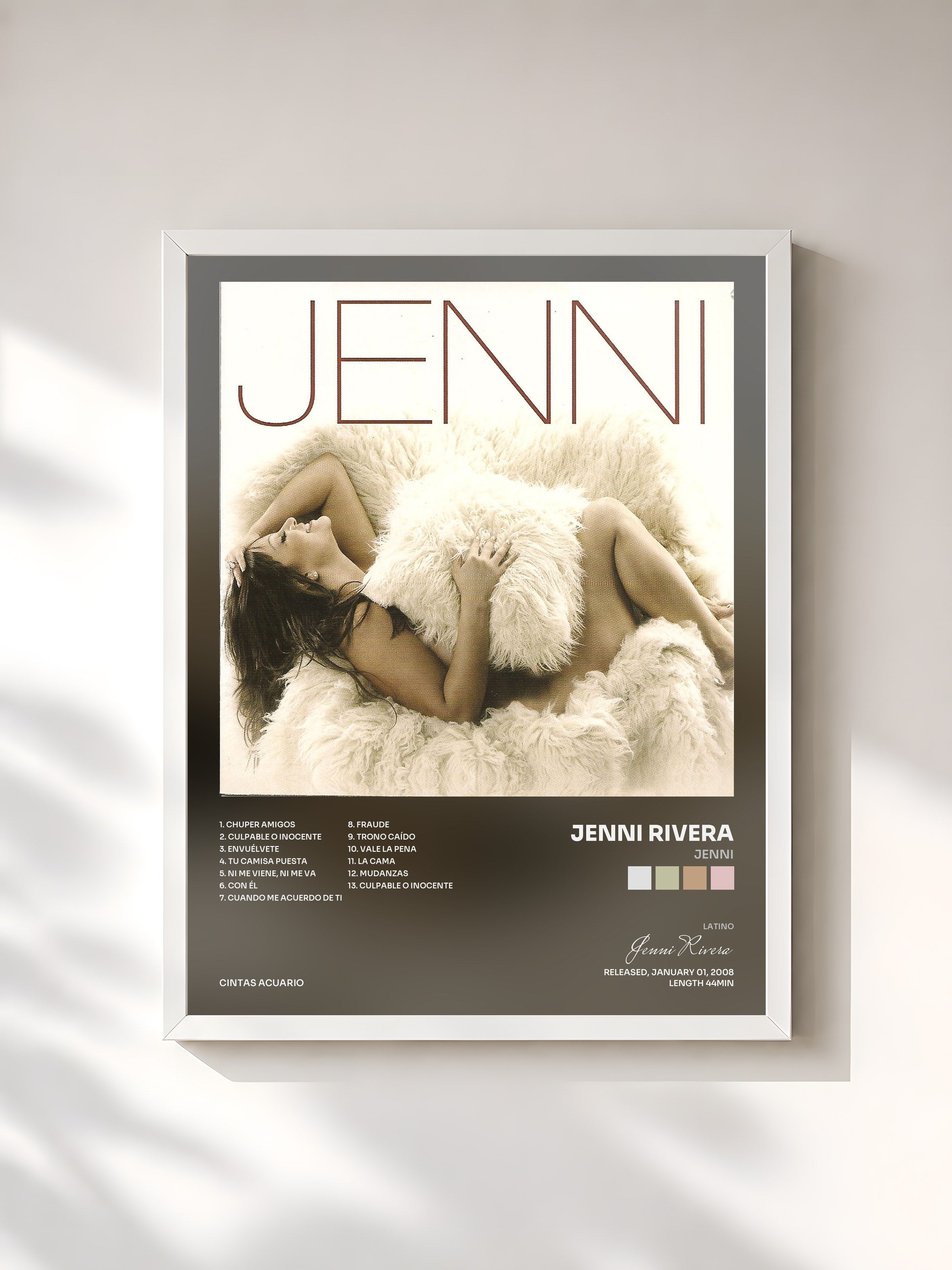 #blanc Tableau de l'album Jenni de Jenni Rivera, cadre blanc, imprimé et encadré en France