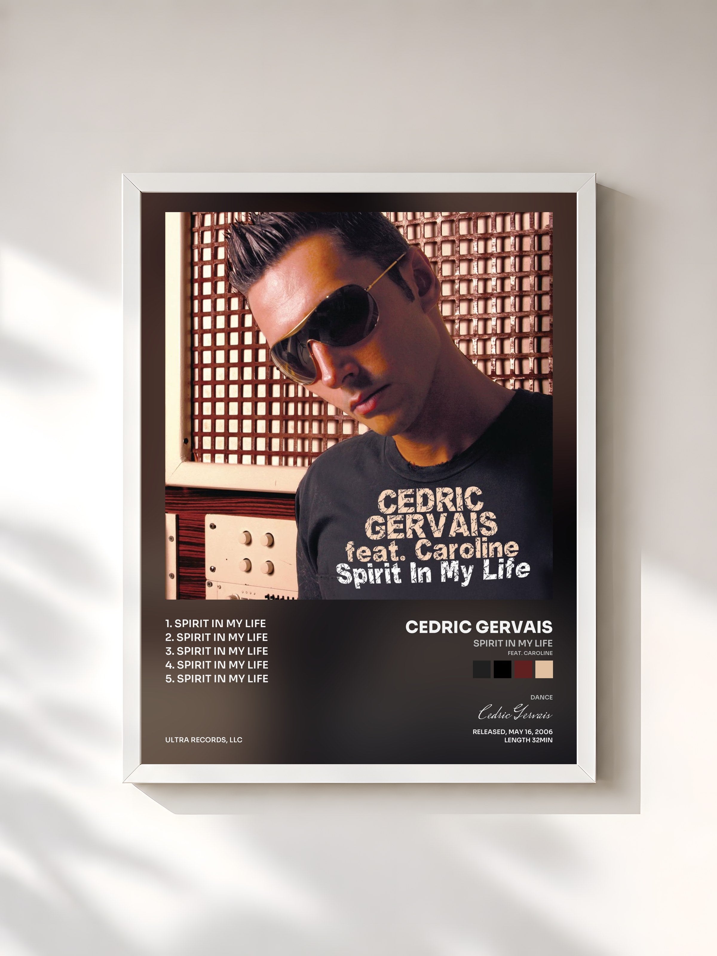 #blanc Tableau de l'album Spirit In My Life (feat. Caroline) de Cedric Gervais, cadre blanc, imprimé et encadré en France