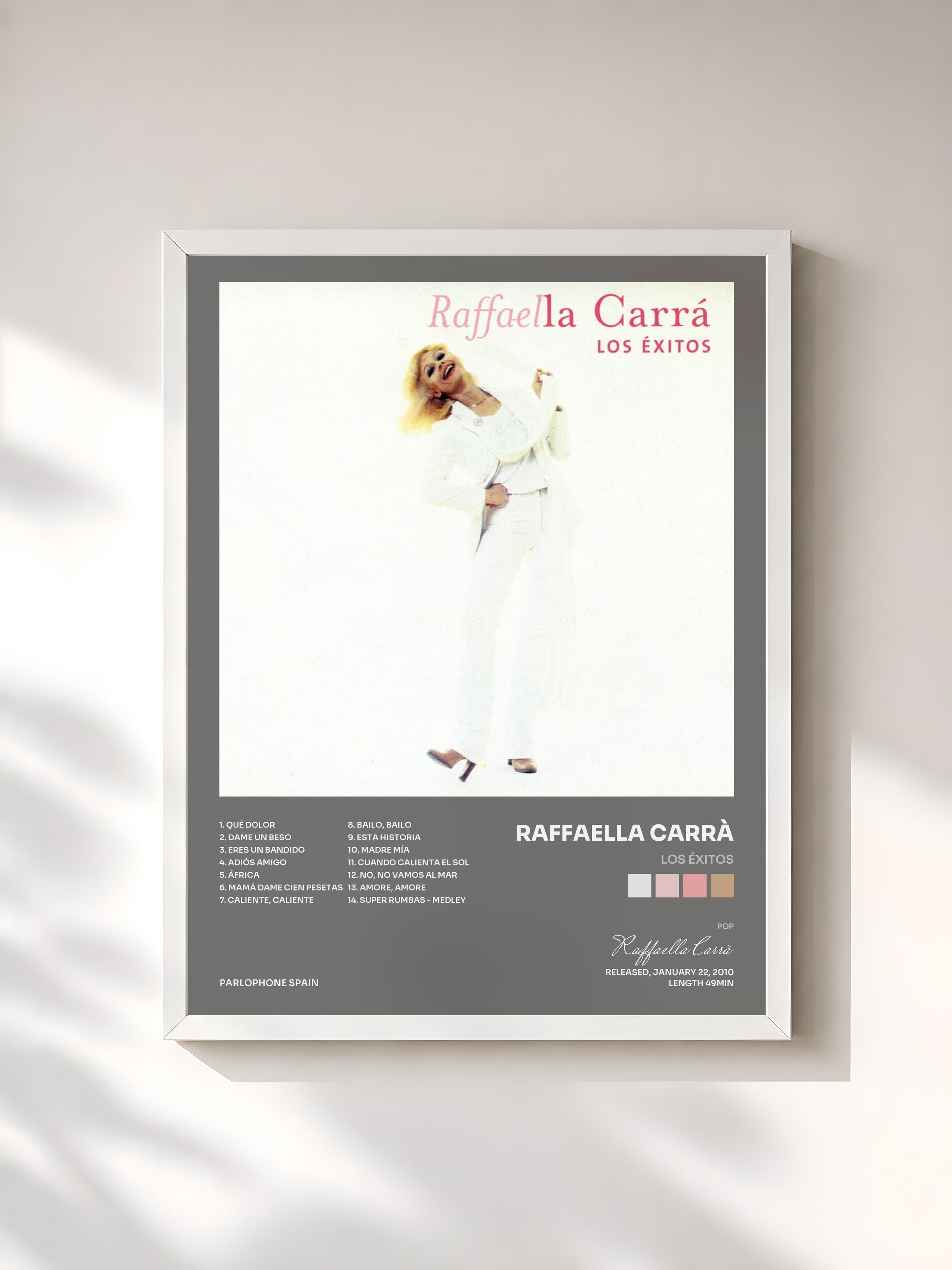 #blanc Tableau de l'album Los éxitos de Raffaella Carrà, cadre blanc, imprimé et encadré en France