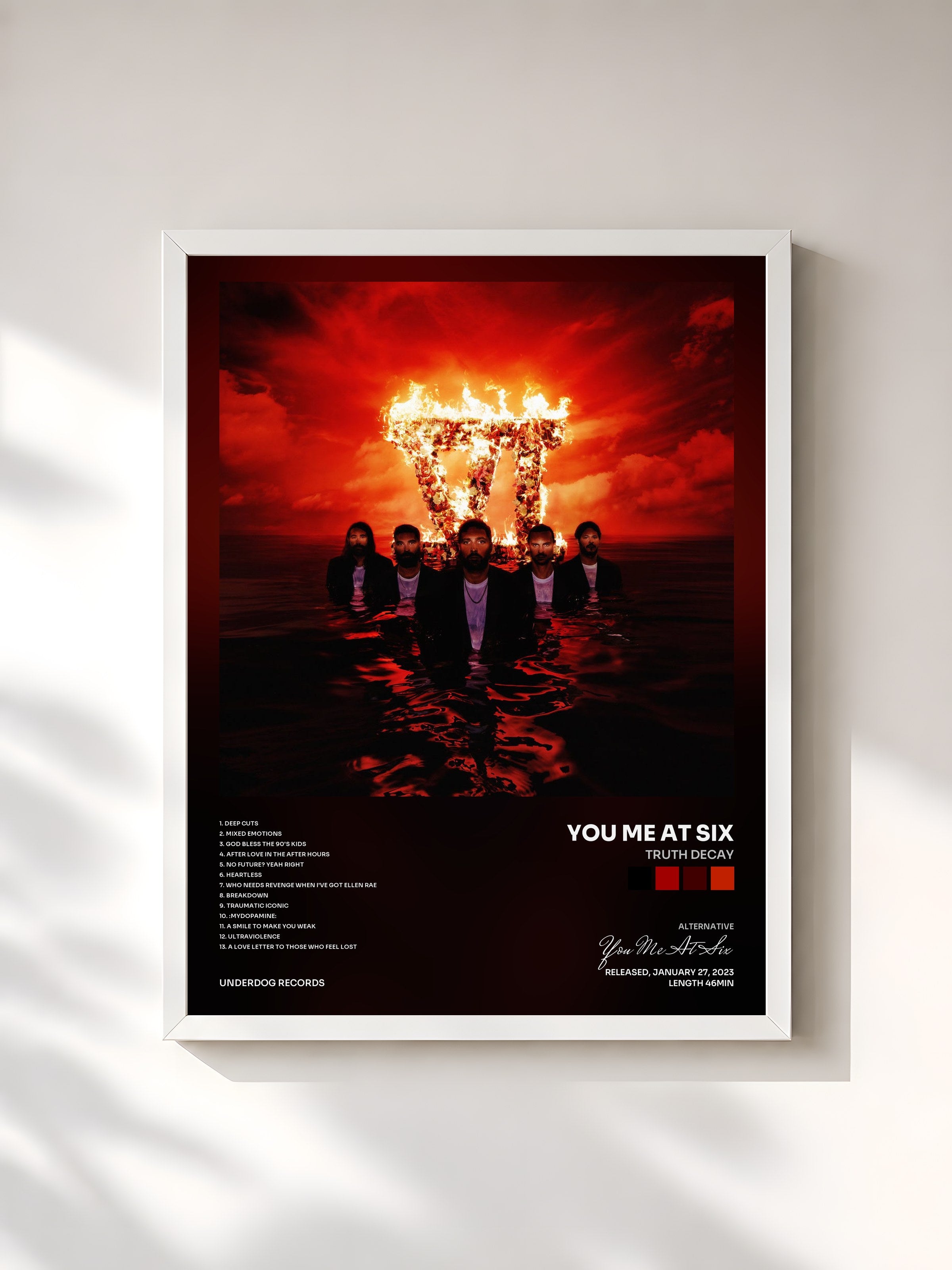 #blanc Tableau de l'album Truth Decay de You Me At Six, cadre blanc, imprimé et encadré en France