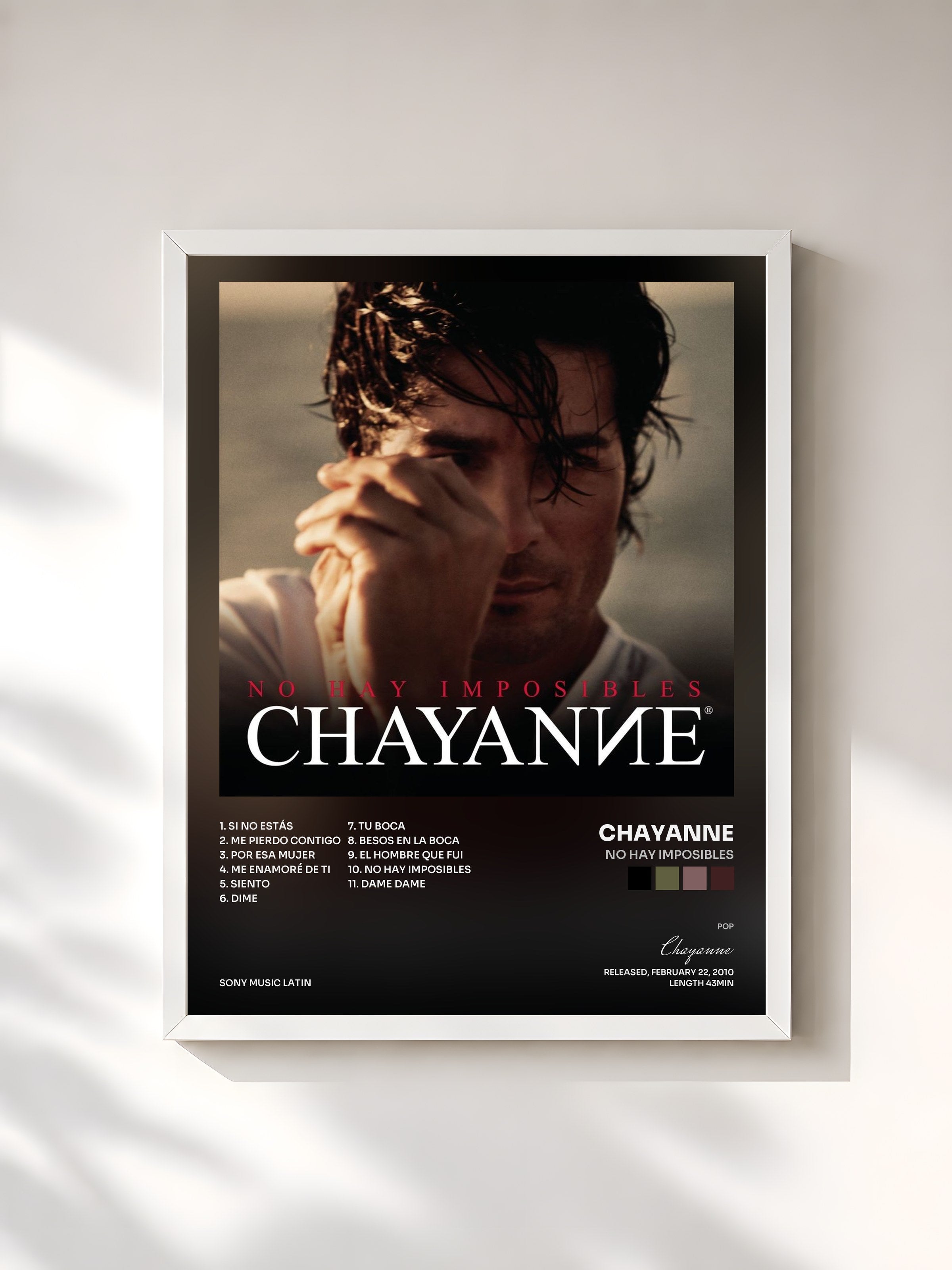 #blanc Tableau de l'album No Hay Imposibles de Chayanne, cadre blanc, imprimé et encadré en France