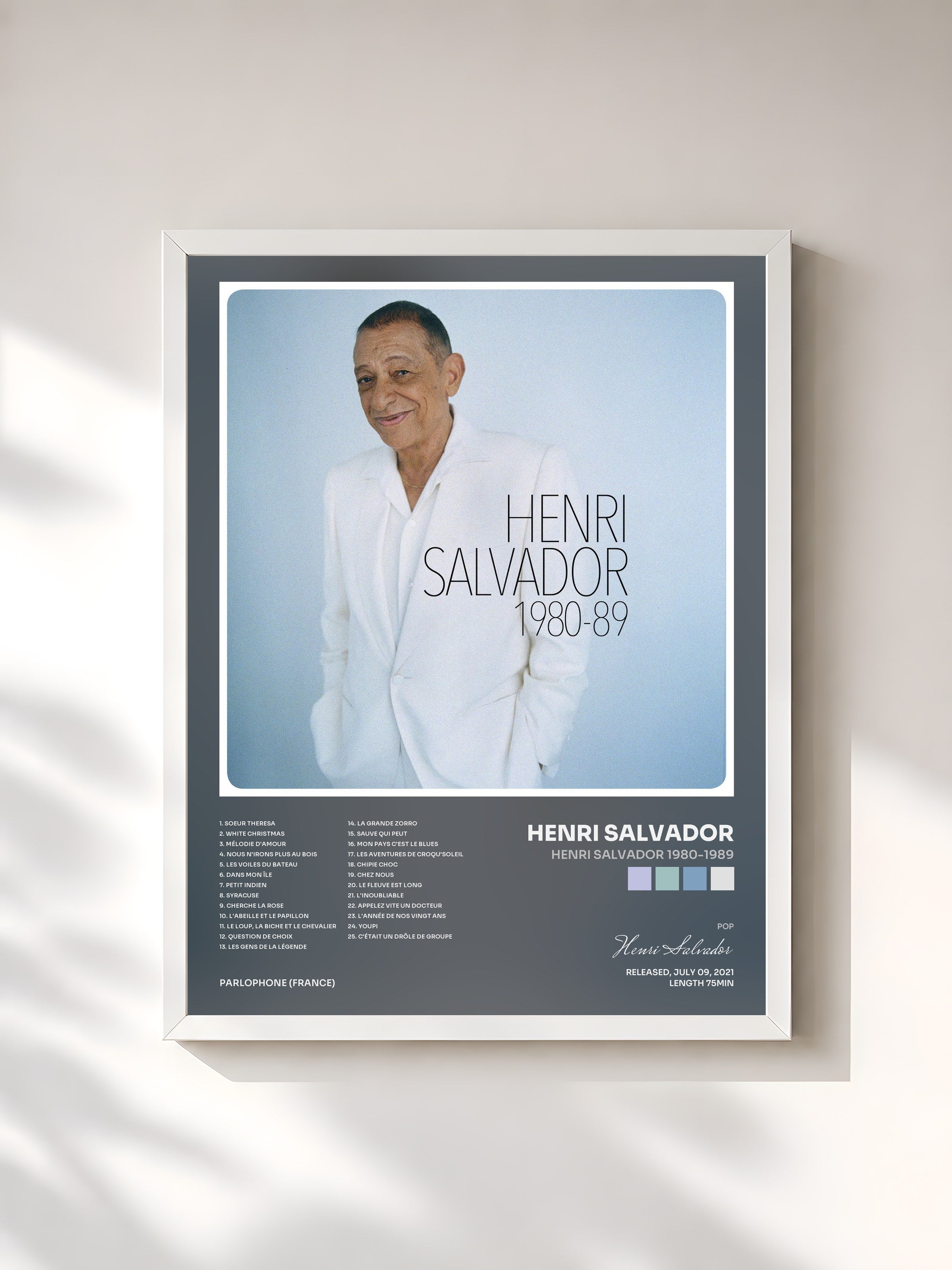 #blanc Tableau de l'album Henri Salvador 1980-1989 de Henri Salvador, cadre blanc, imprimé et encadré en France
