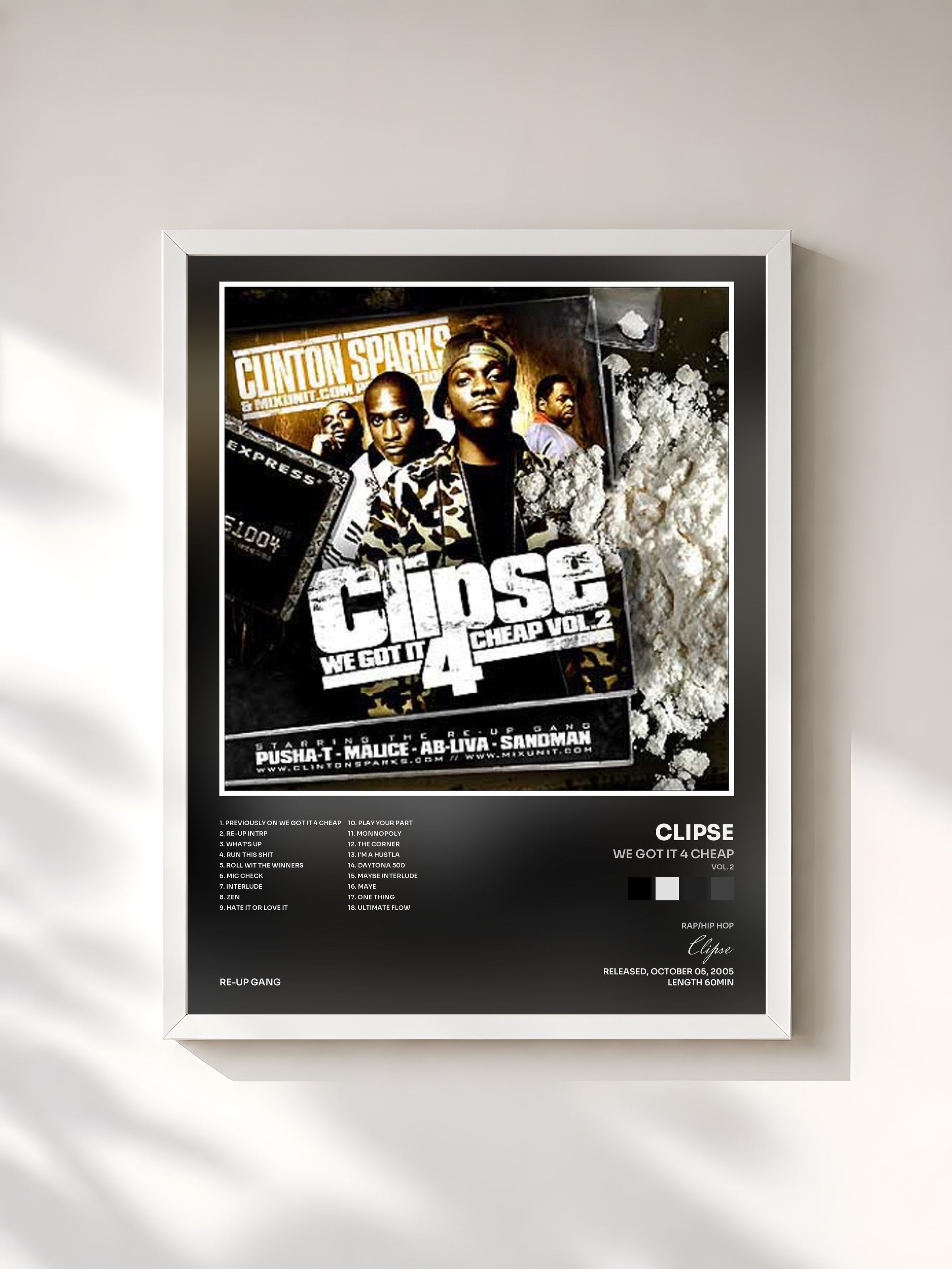 #blanc Tableau de l'album We Got It 4 Cheap (Vol. 2) de Clipse, cadre blanc, imprimé et encadré en France