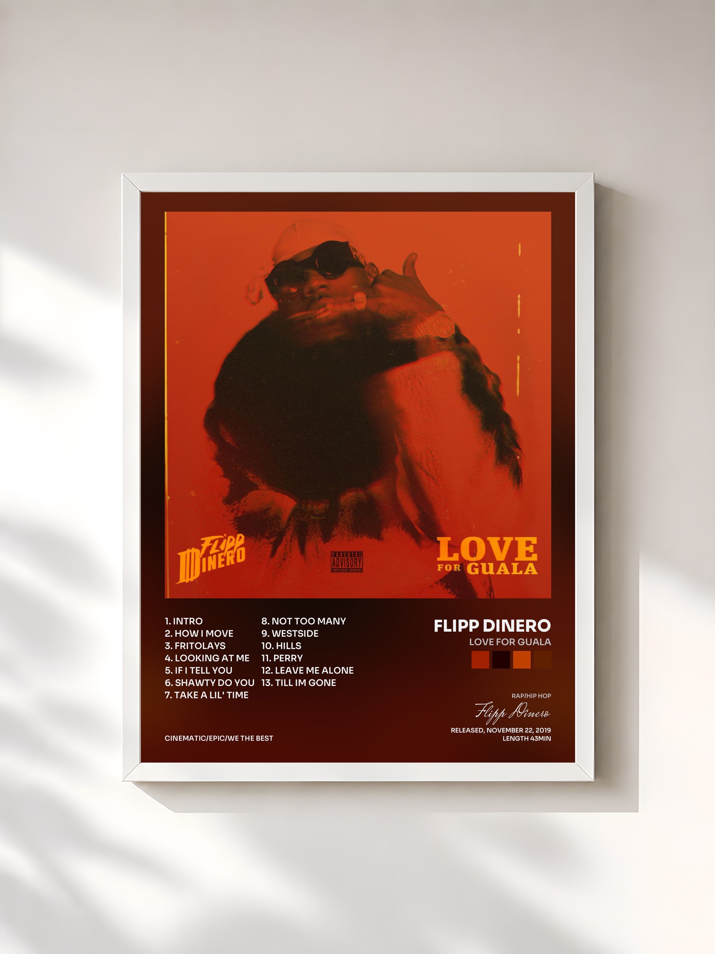 #blanc Tableau de l'album LOVE FOR GUALA de Flipp Dinero, cadre blanc, imprimé et encadré en France