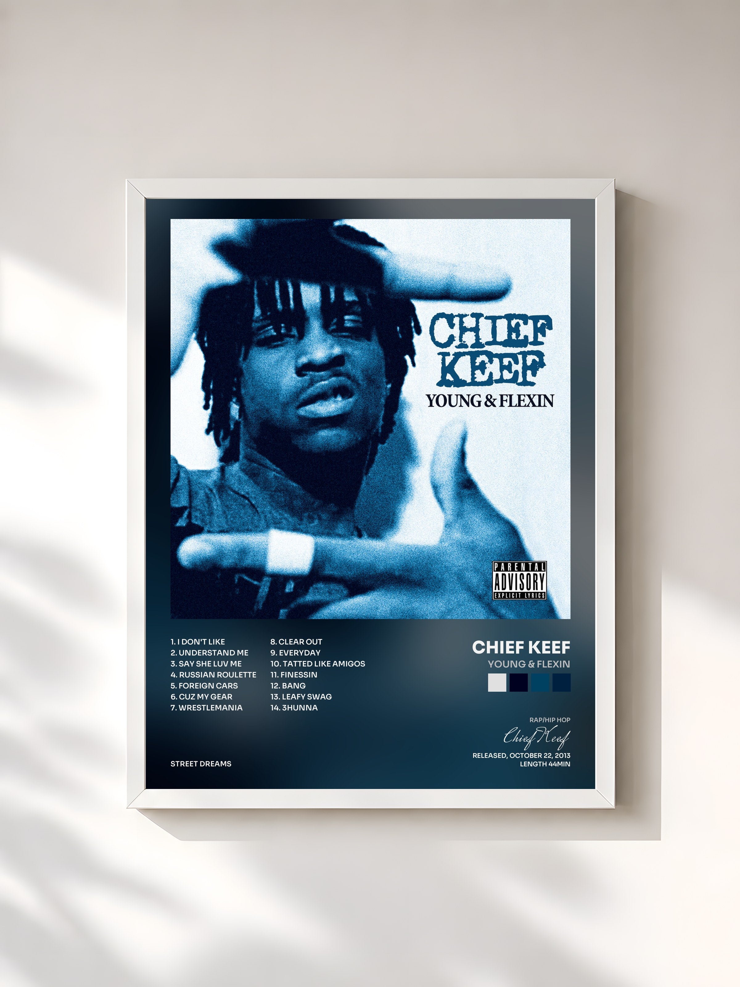 #blanc Tableau de l'album Young & Flexin de Chief Keef, cadre blanc, imprimé et encadré en France