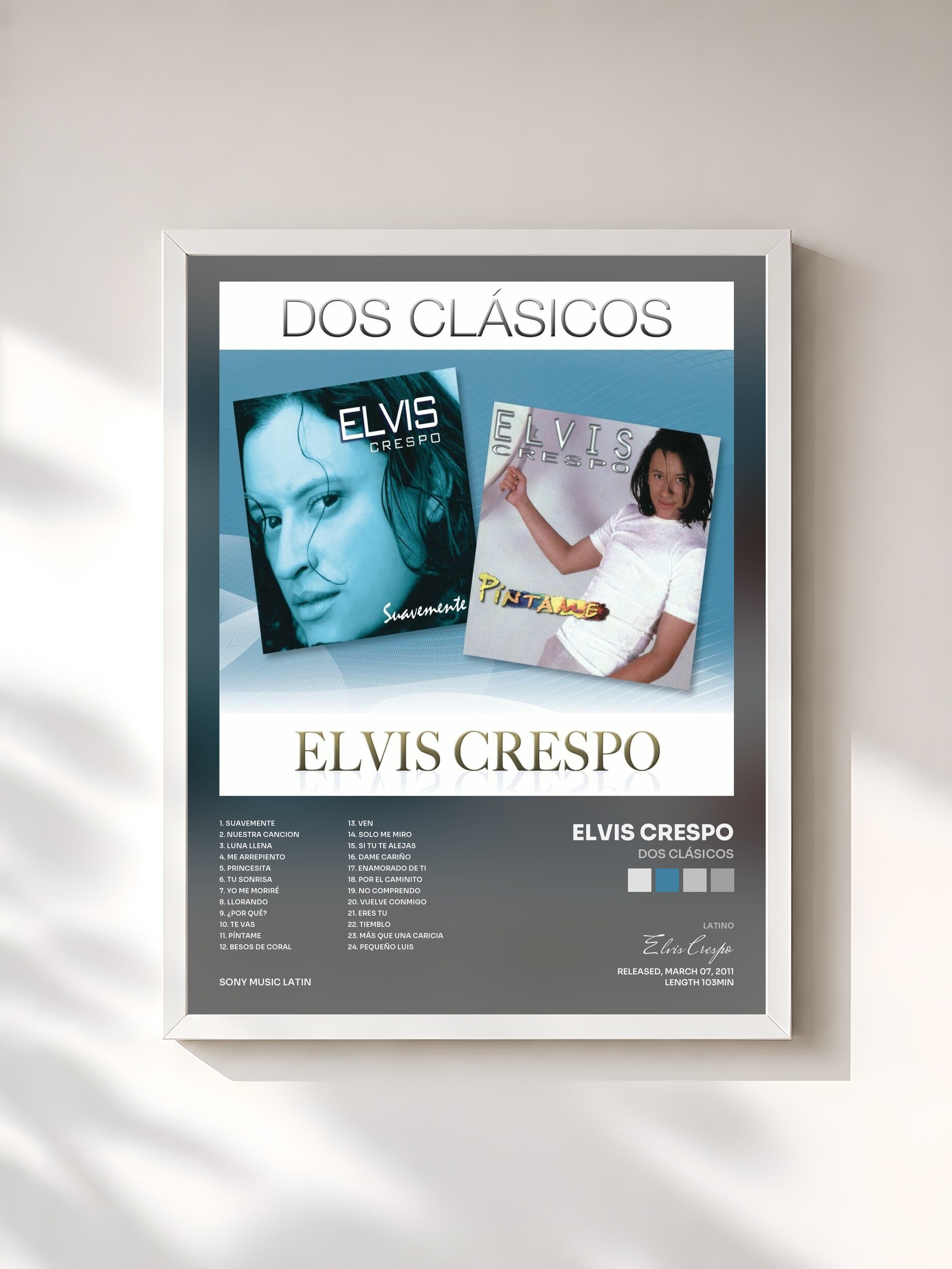 #blanc Tableau de l'album Dos Clásicos de Elvis Crespo, cadre blanc, imprimé et encadré en France