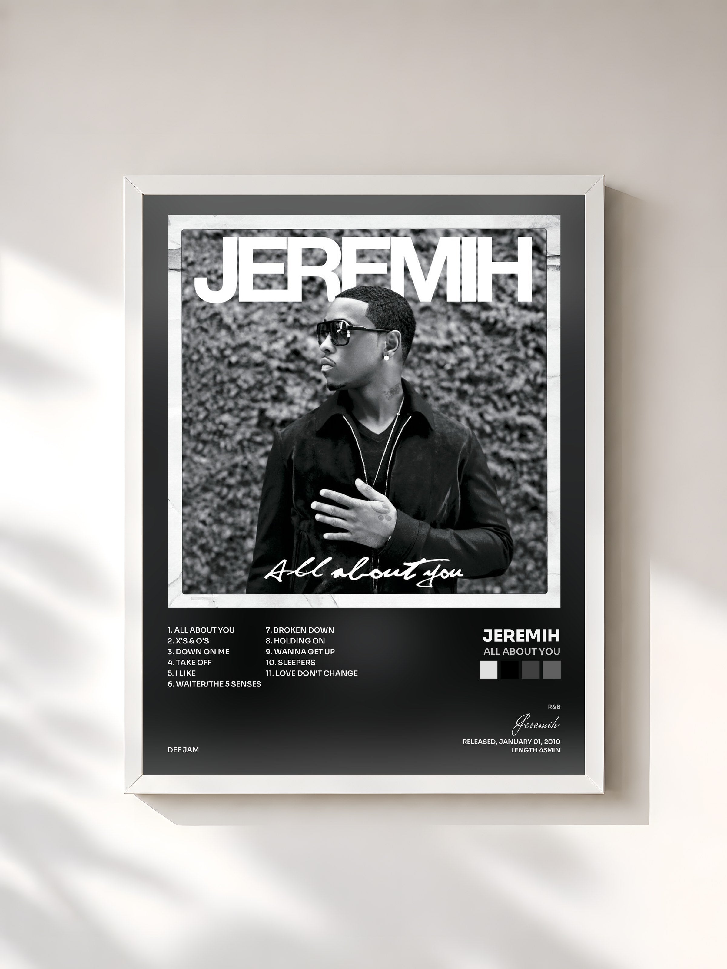 #blanc Tableau de l'album All About You de Jeremih, cadre blanc, imprimé et encadré en France