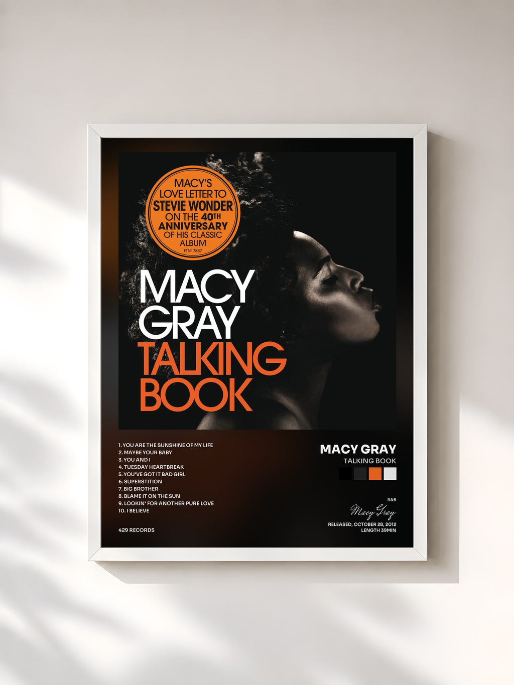 #blanc Tableau de l'album Talking Book de Macy Gray, cadre blanc, imprimé et encadré en France