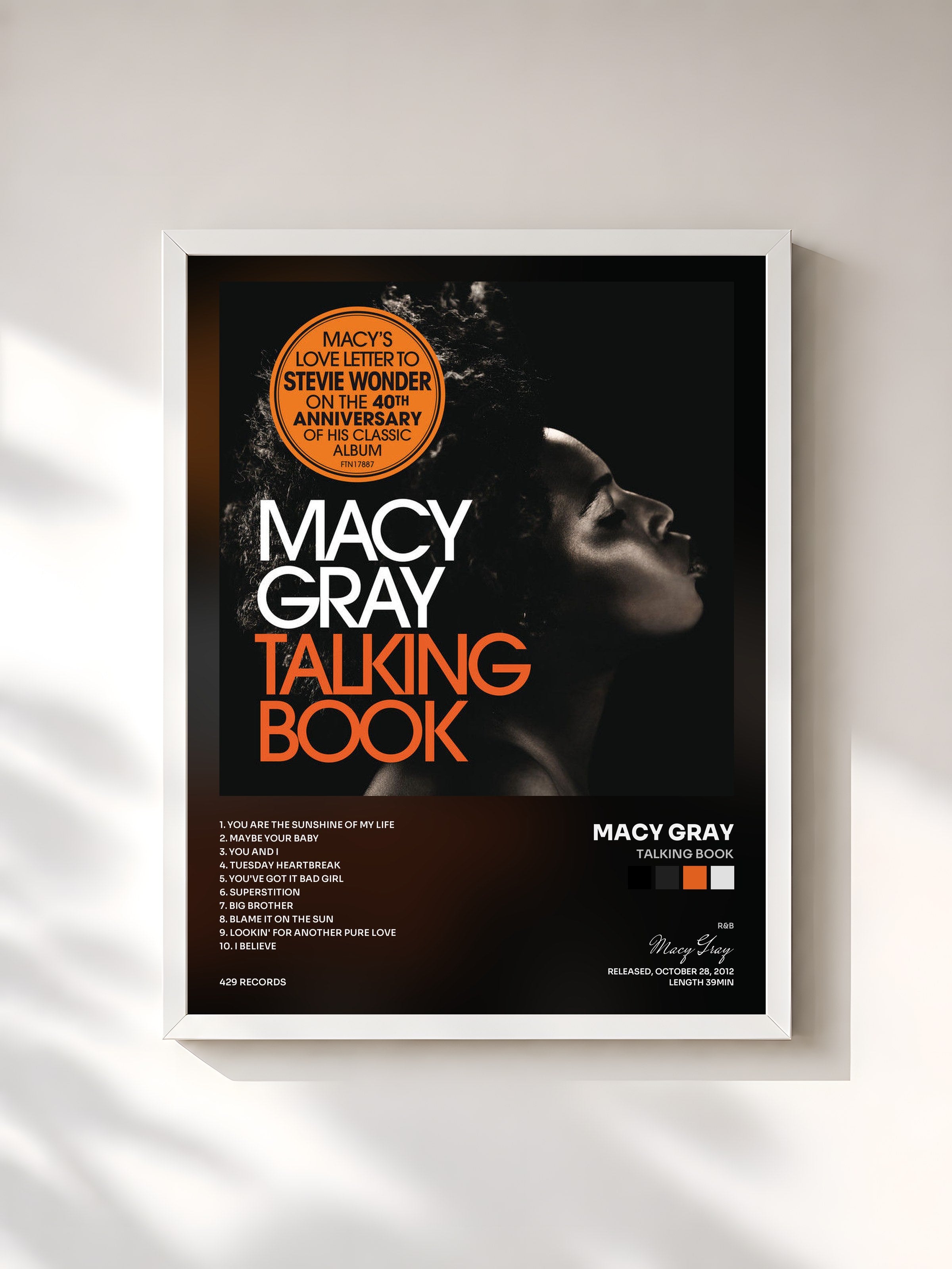 #blanc Tableau de l'album Talking Book de Macy Gray, cadre blanc, imprimé et encadré en France