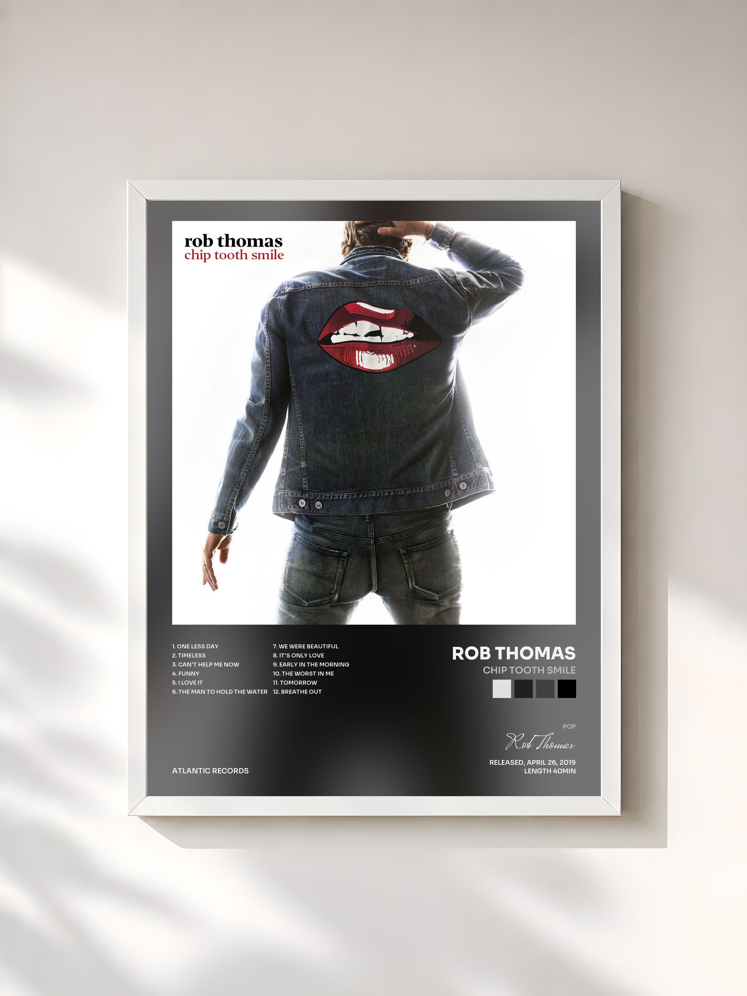 #blanc Tableau de l'album Chip Tooth Smile de Rob Thomas, cadre blanc, imprimé et encadré en France