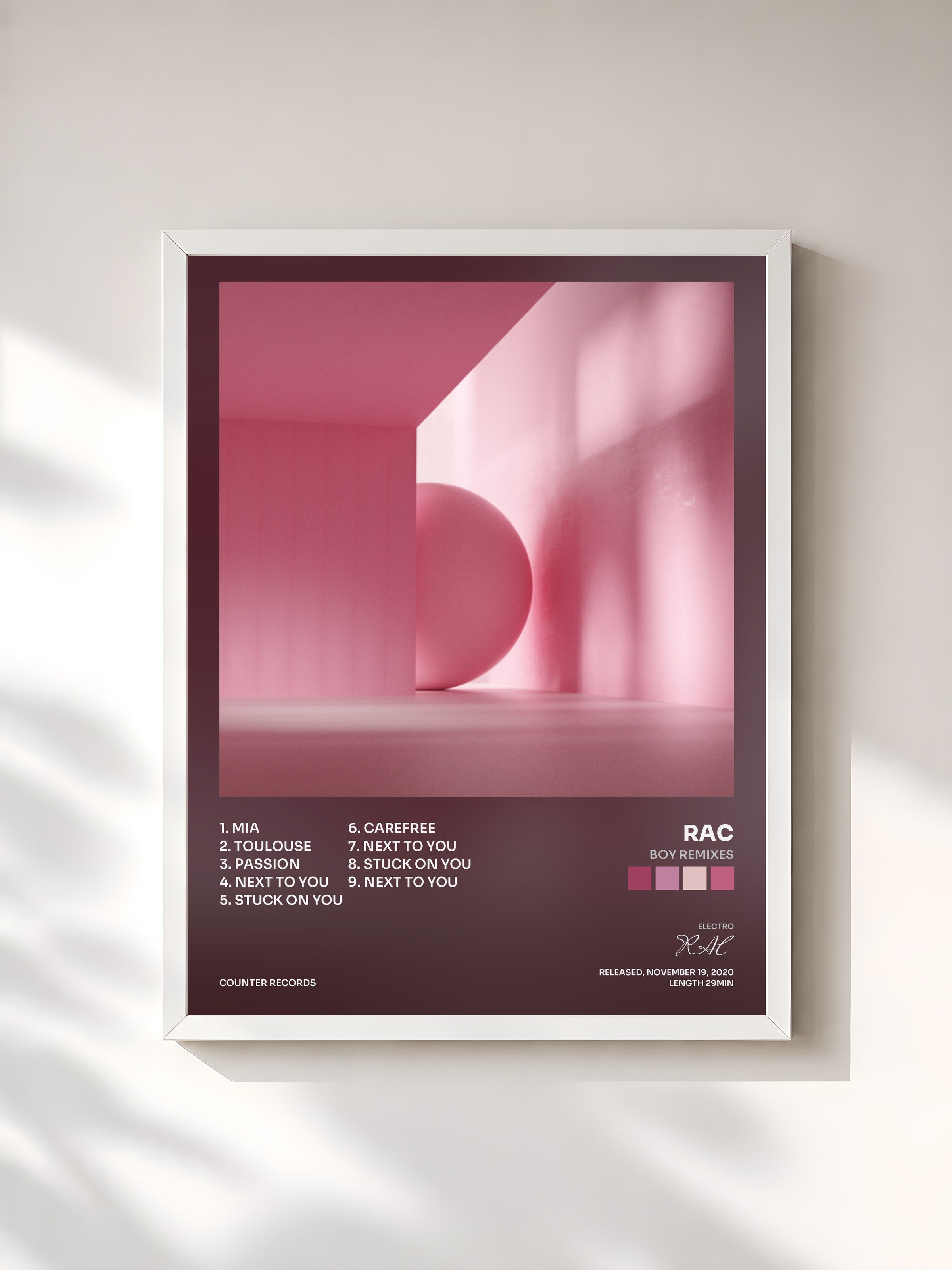 #blanc Tableau de l'album BOY Remixes de RAC, cadre blanc, imprimé et encadré en France