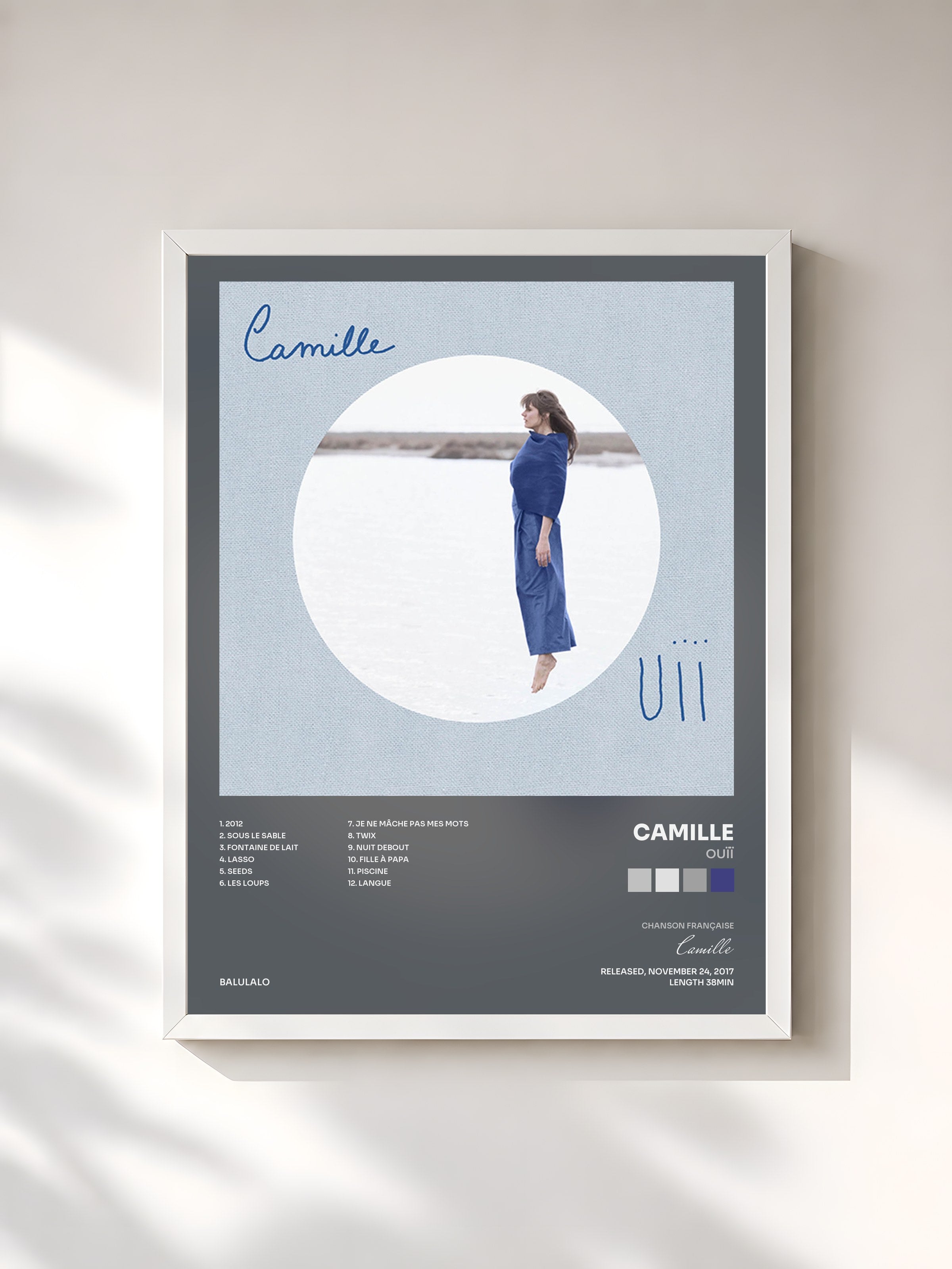 #blanc Tableau de l'album OUÏÏ de Camille, cadre blanc, imprimé et encadré en France
