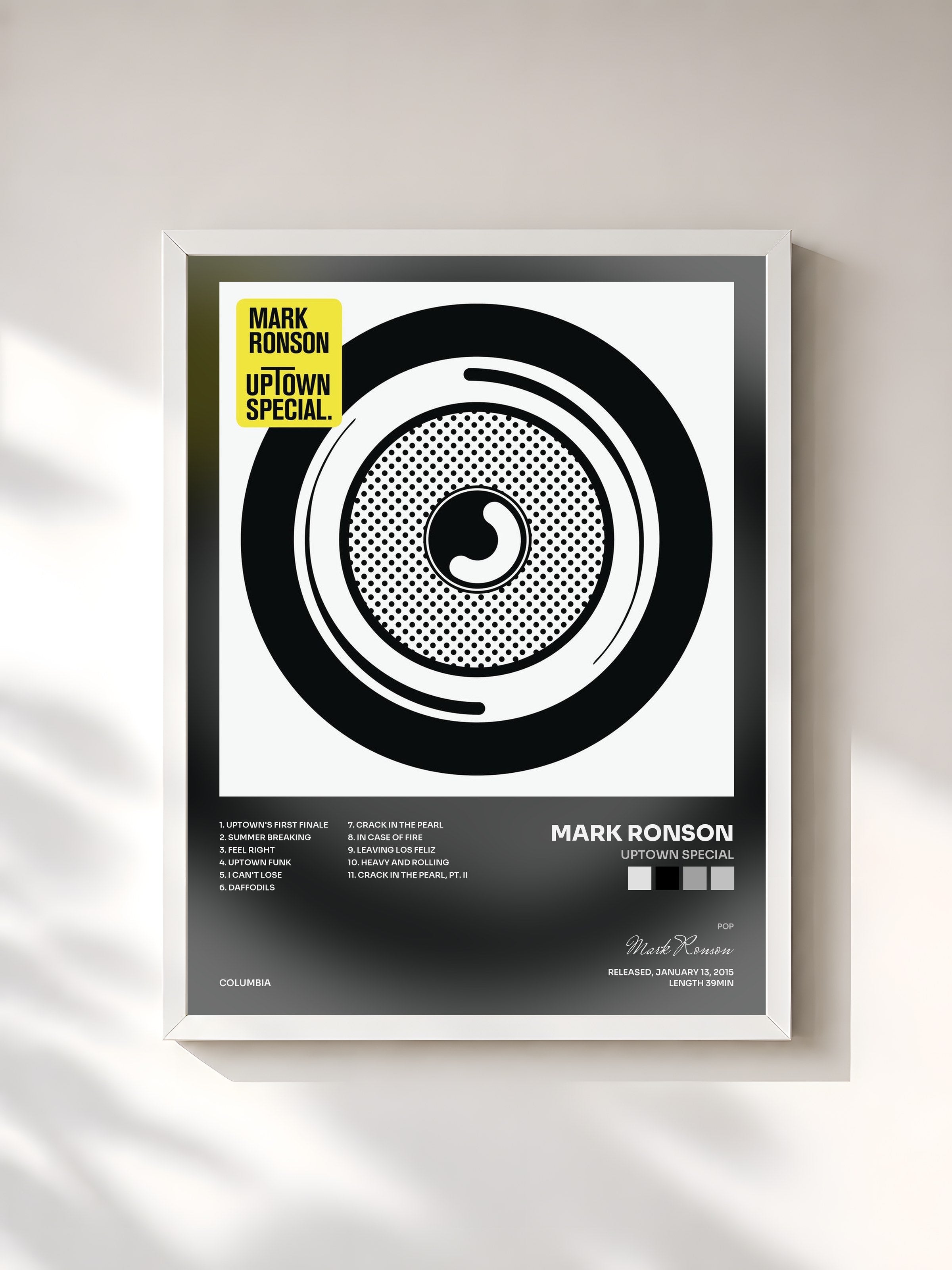 #blanc Tableau de l'album Uptown Special de Mark Ronson, cadre blanc, imprimé et encadré en France