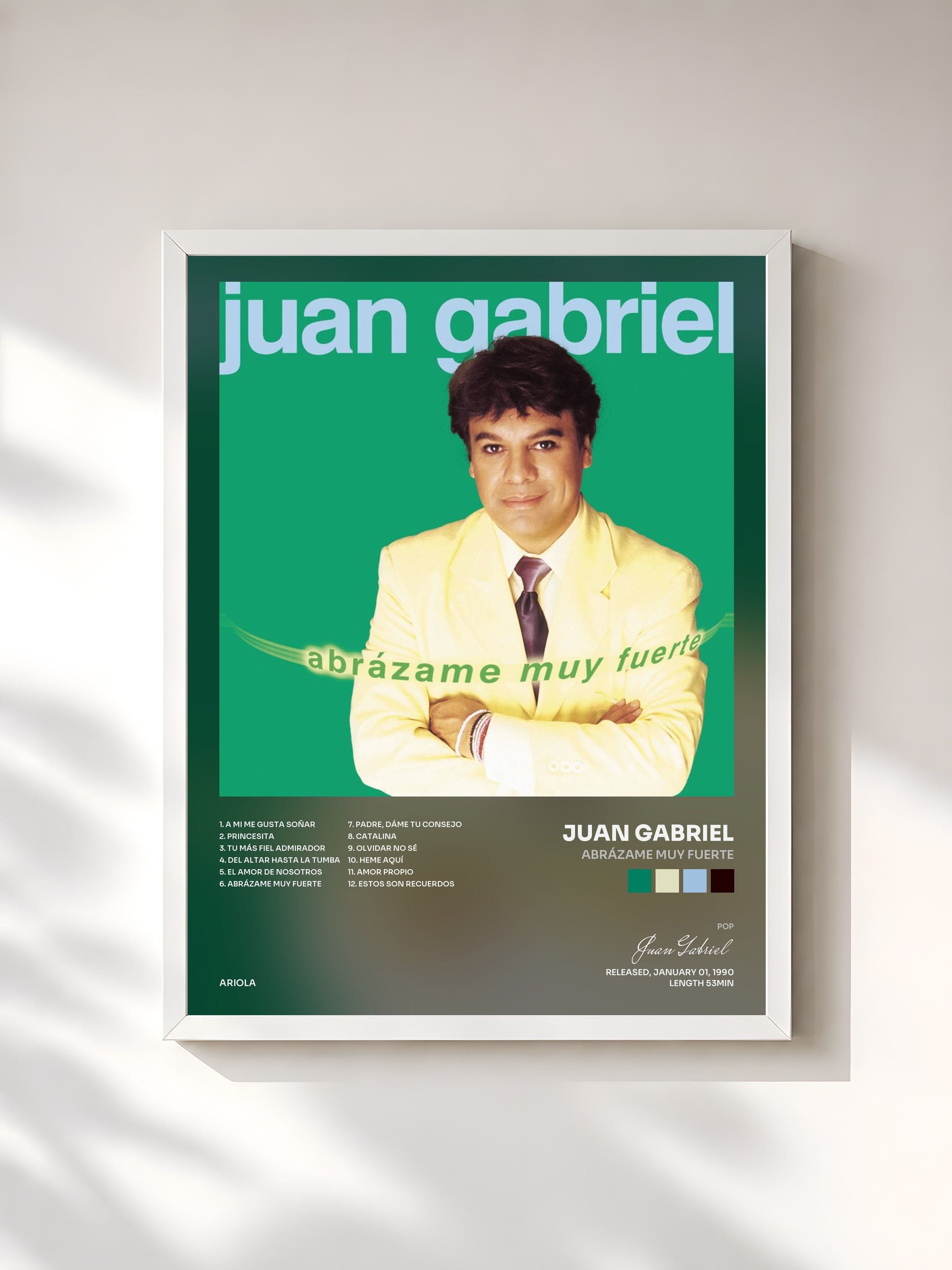 #blanc Tableau de l'album Abrázame Muy Fuerte de Juan Gabriel, cadre blanc, imprimé et encadré en France