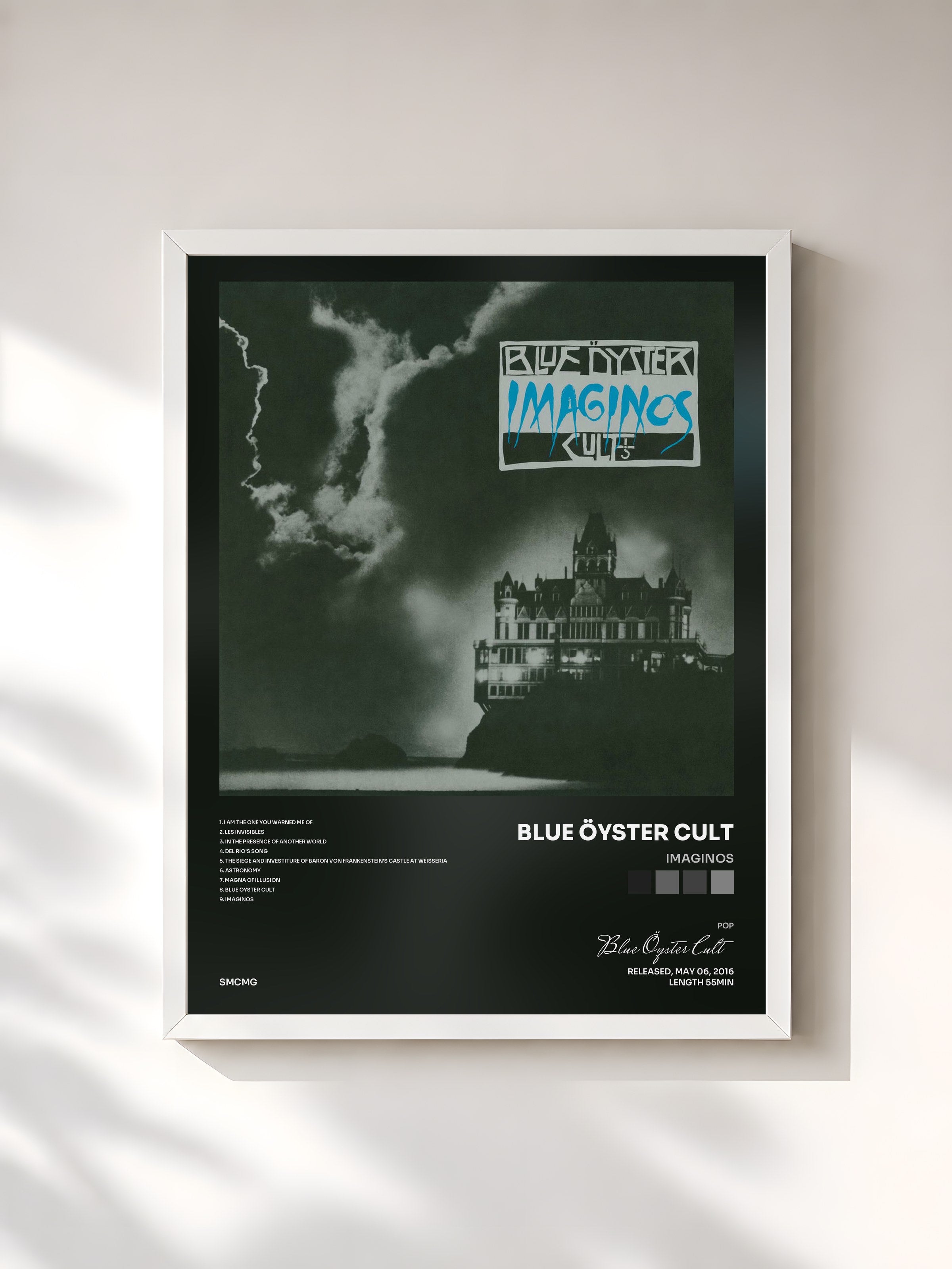 #blanc Tableau de l'album Imaginos de Blue Öyster Cult, cadre blanc, imprimé et encadré en France