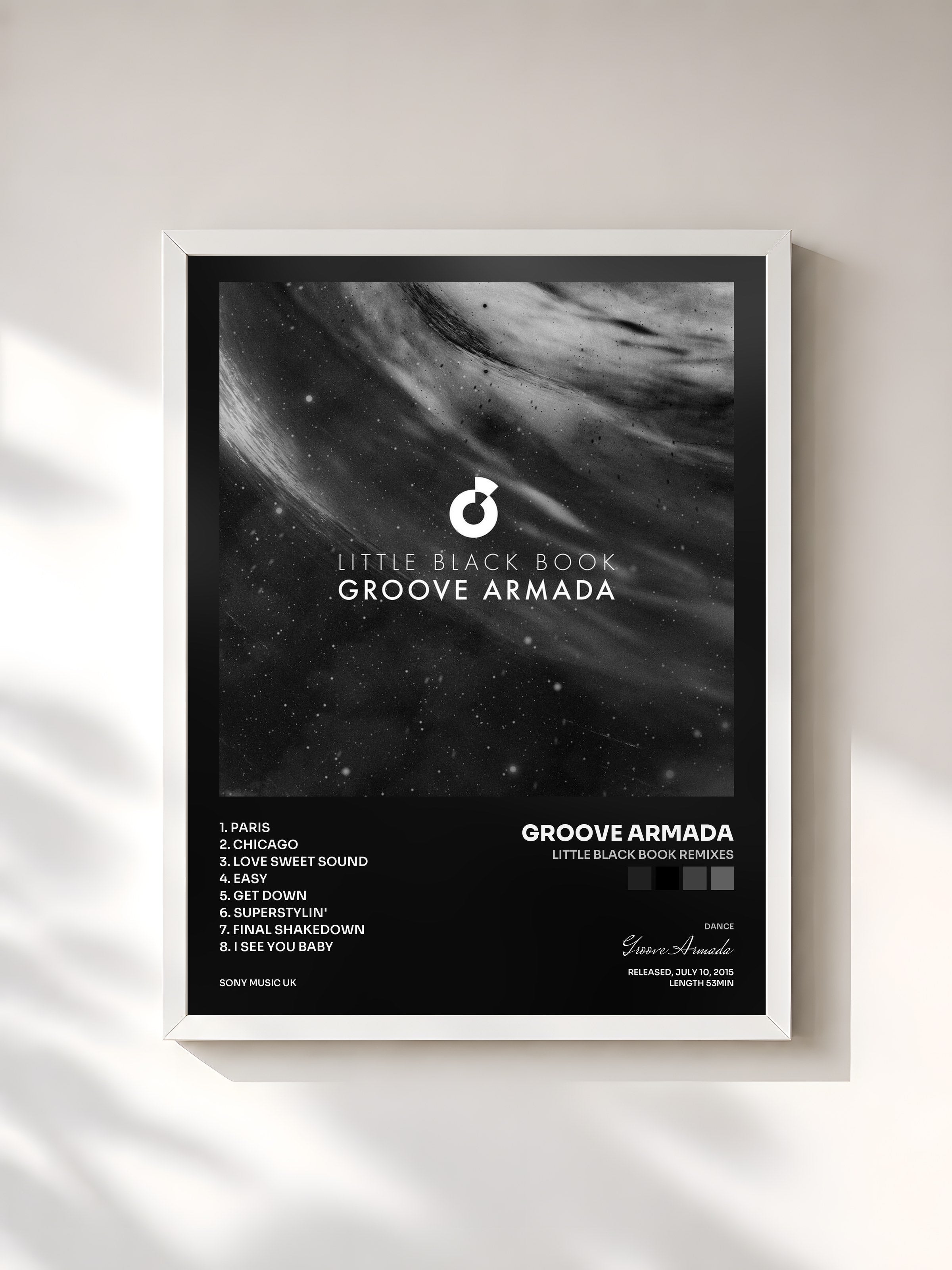 #blanc Tableau de l'album Little Black Book Remixes de Groove Armada, cadre blanc, imprimé et encadré en France