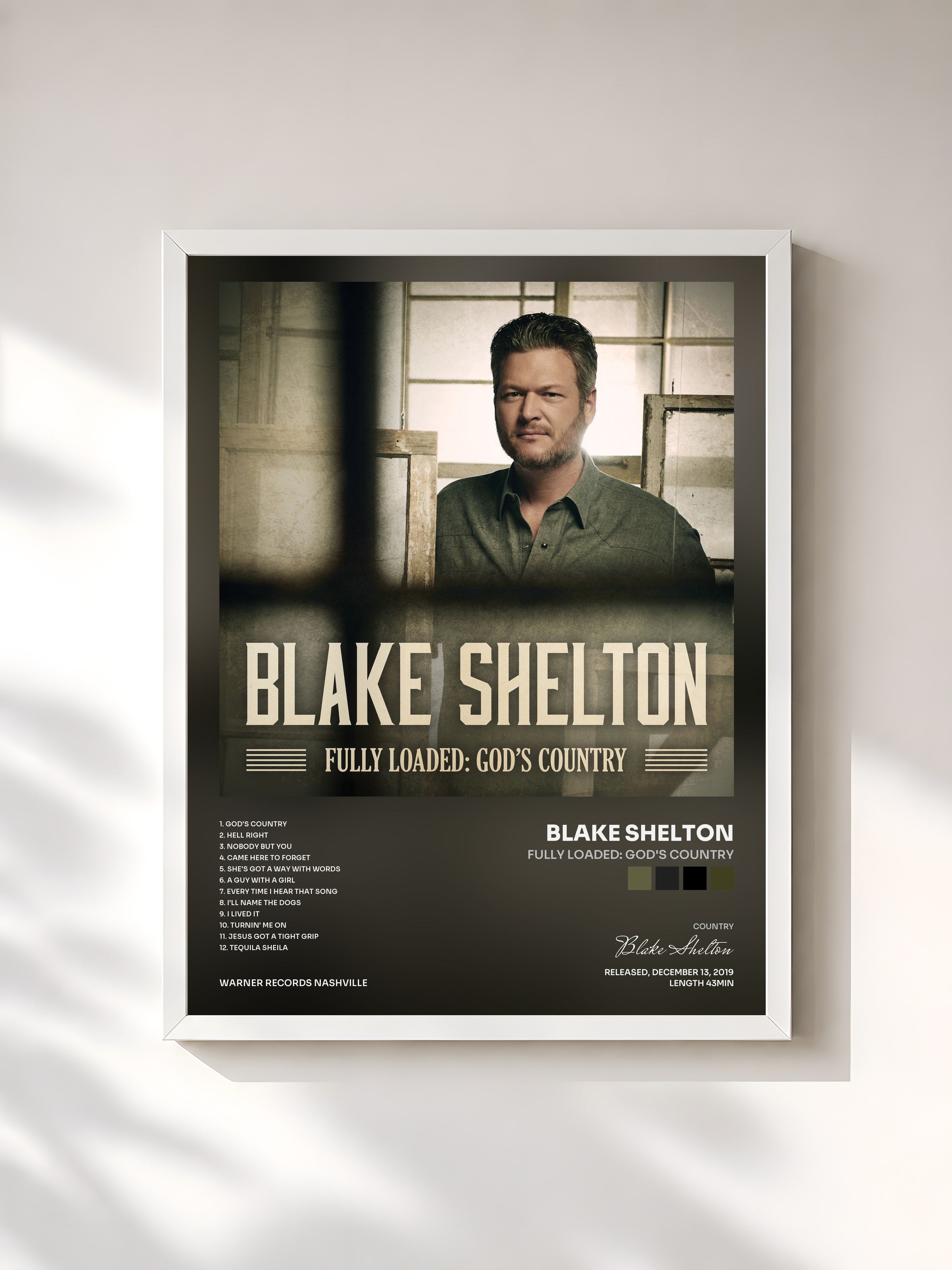 #blanc Tableau de l'album Fully Loaded: God's Country de Blake Shelton, cadre blanc, imprimé et encadré en France