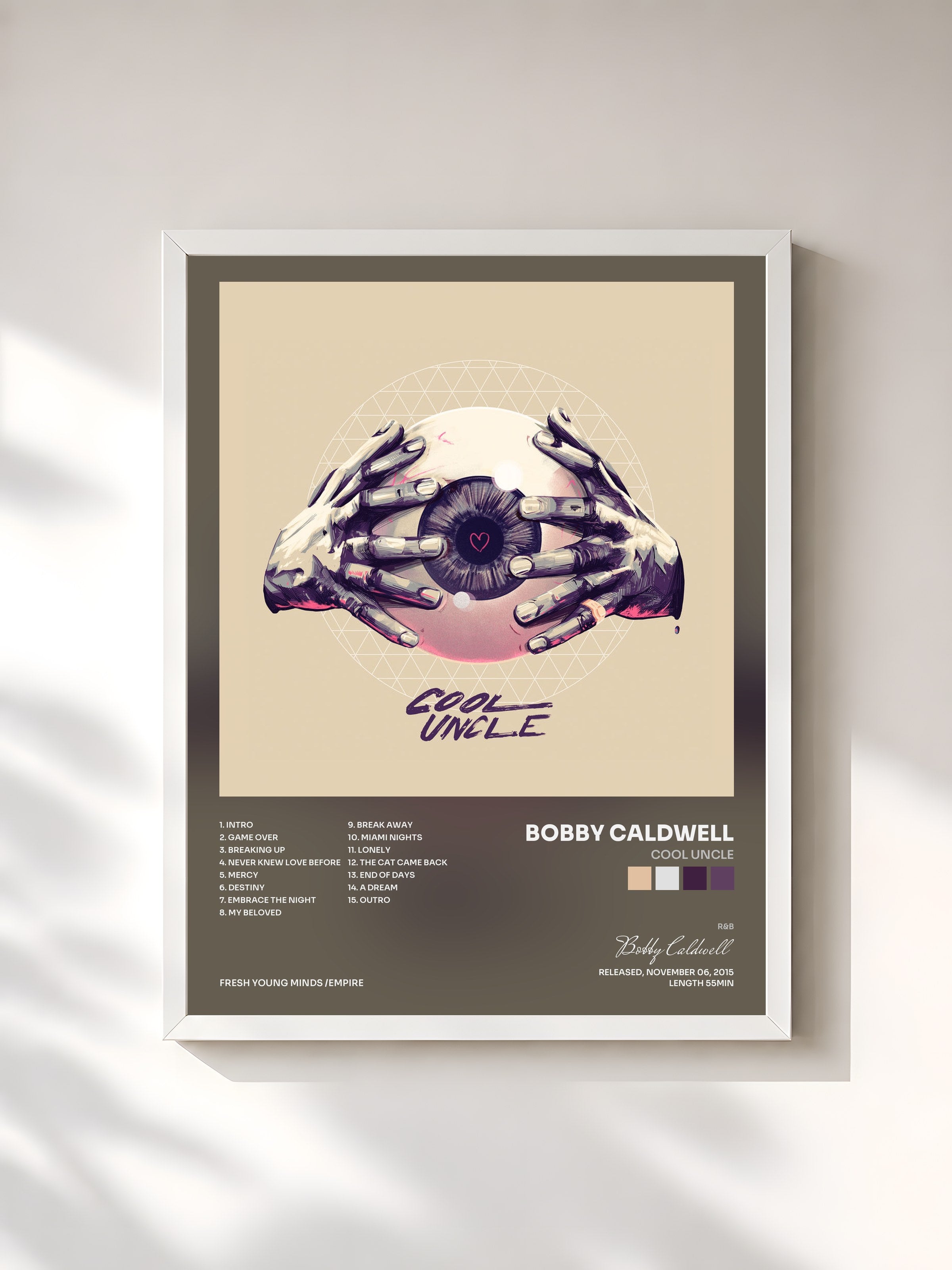 #blanc Tableau de l'album Cool Uncle de Bobby Caldwell, cadre blanc, imprimé et encadré en France