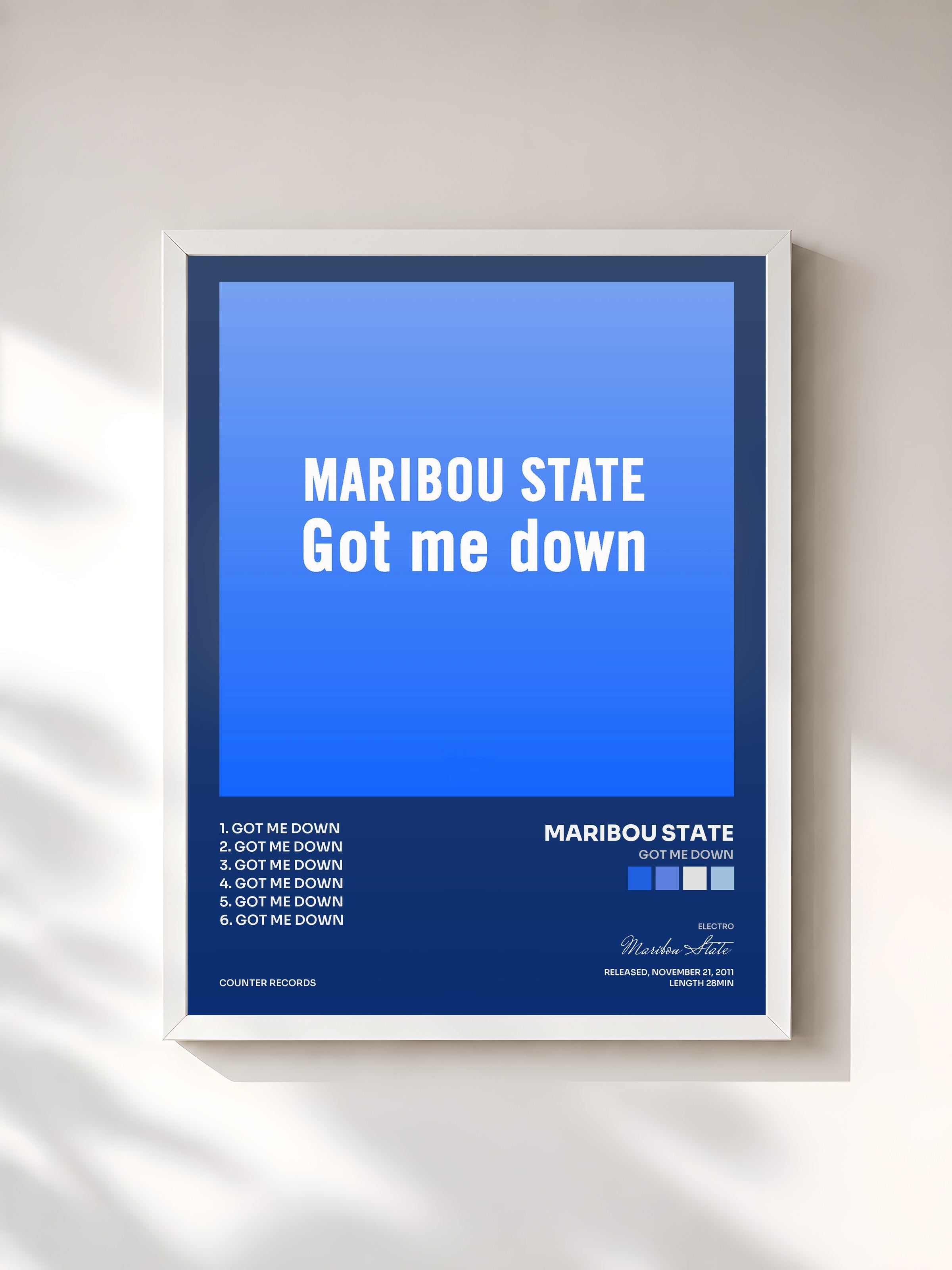 #blanc Tableau de l'album Got Me Down de Maribou State, cadre blanc, imprimé et encadré en France