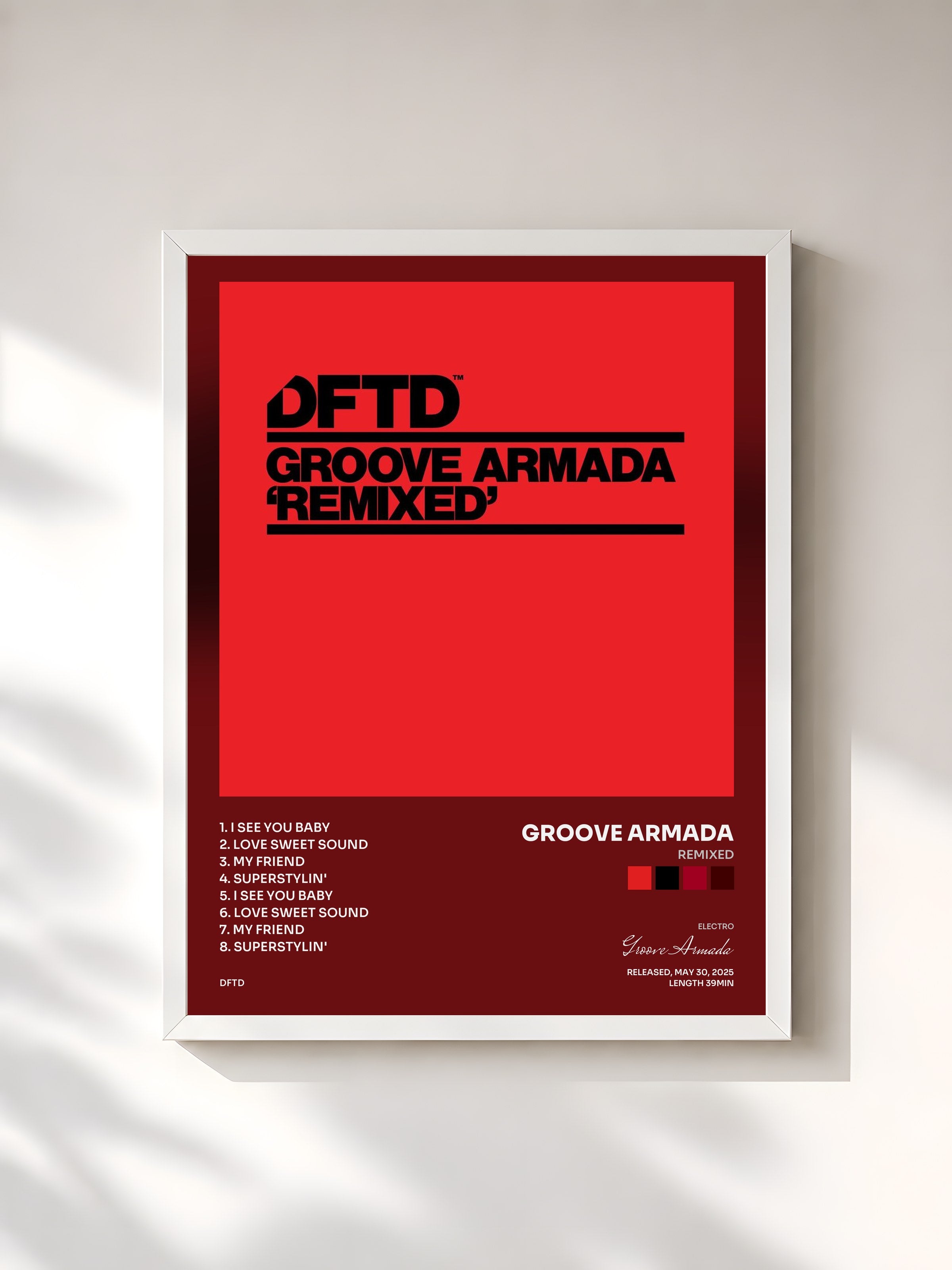 #blanc Tableau de l'album Remixed de Groove Armada, cadre blanc, imprimé et encadré en France