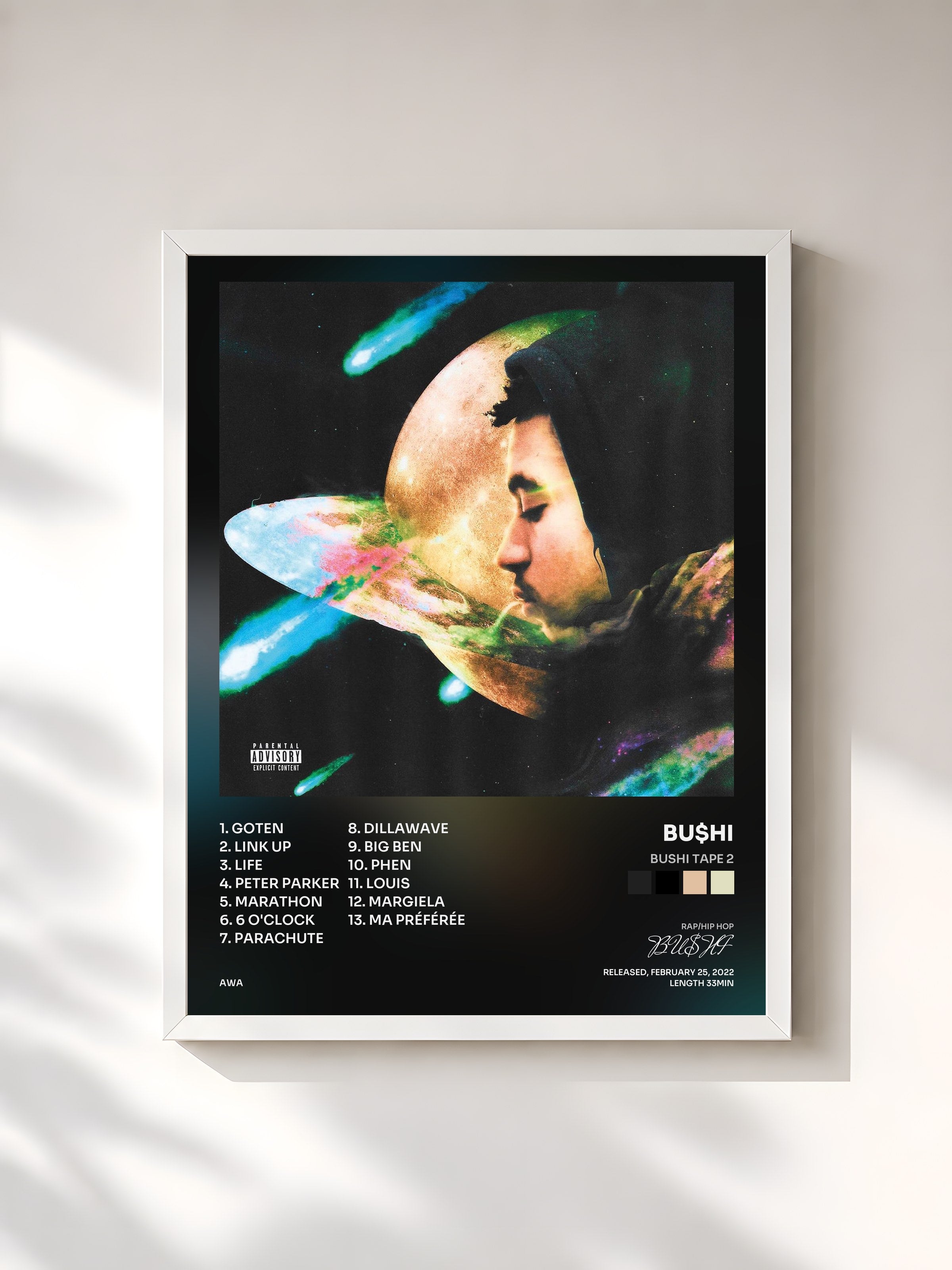 #blanc Tableau de l'album Bushi Tape 2 de BU$HI, cadre blanc, imprimé et encadré en France