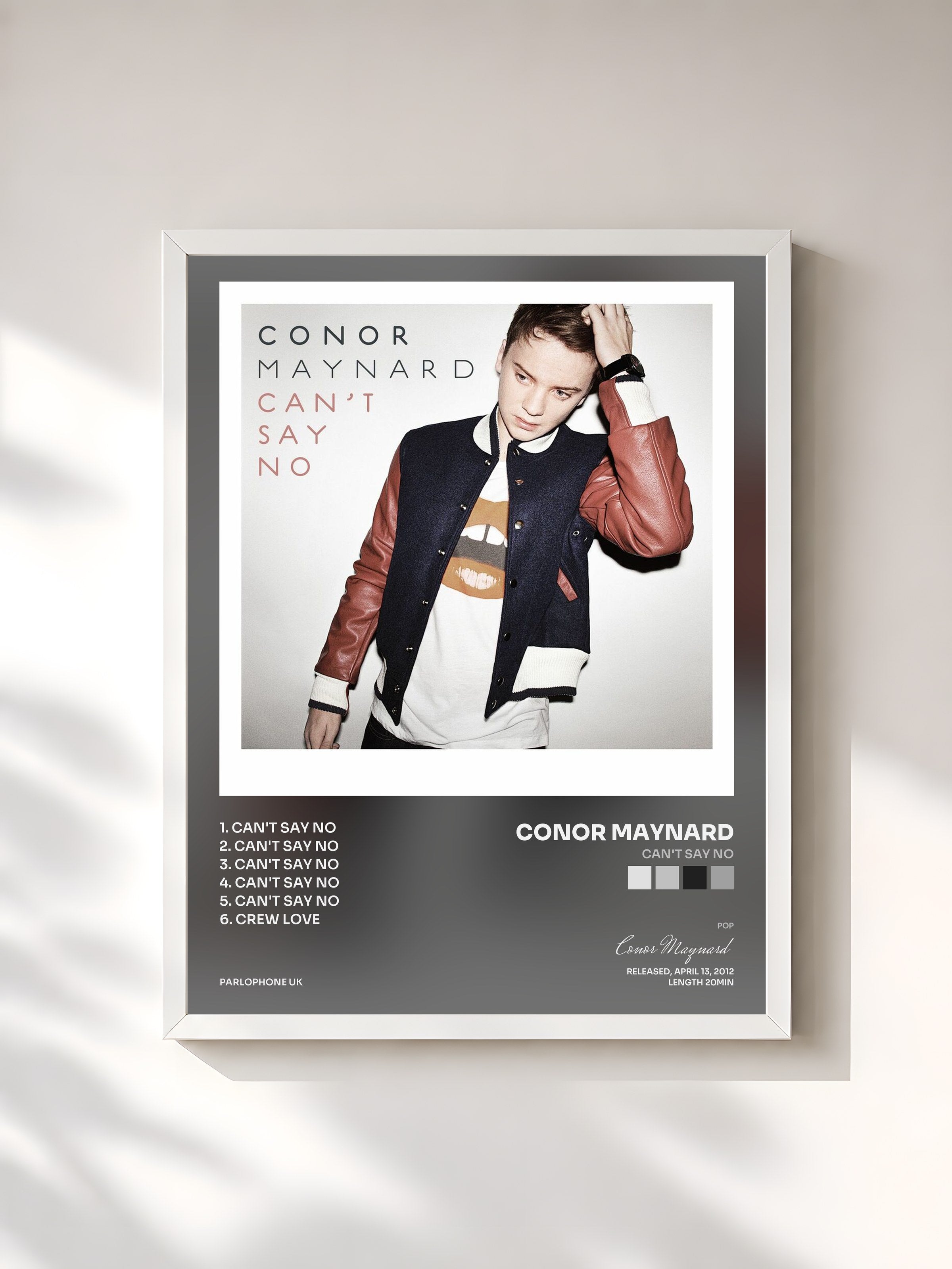 #blanc Tableau de l'album Can't Say No de Conor Maynard, cadre blanc, imprimé et encadré en France