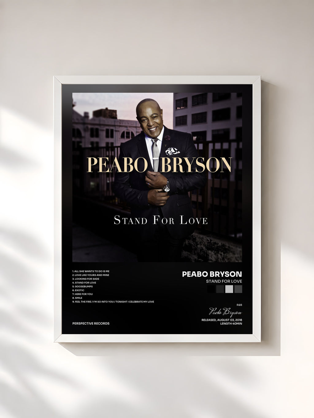 #blanc Tableau de l'album Stand For Love de Peabo Bryson, cadre blanc, imprimé et encadré en France