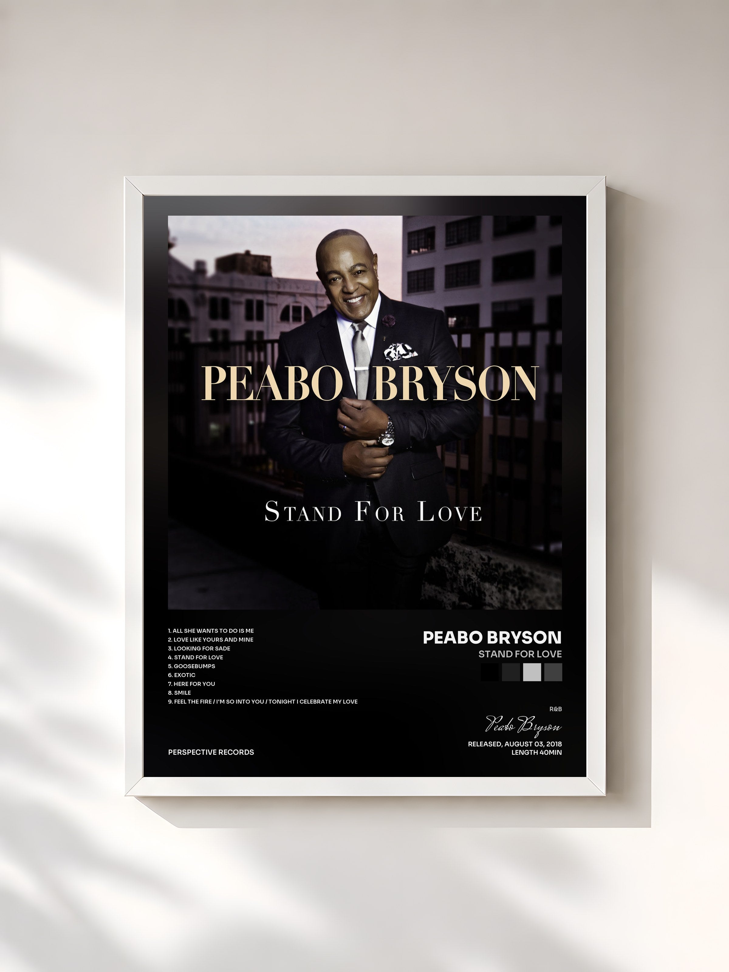 #blanc Tableau de l'album Stand For Love de Peabo Bryson, cadre blanc, imprimé et encadré en France