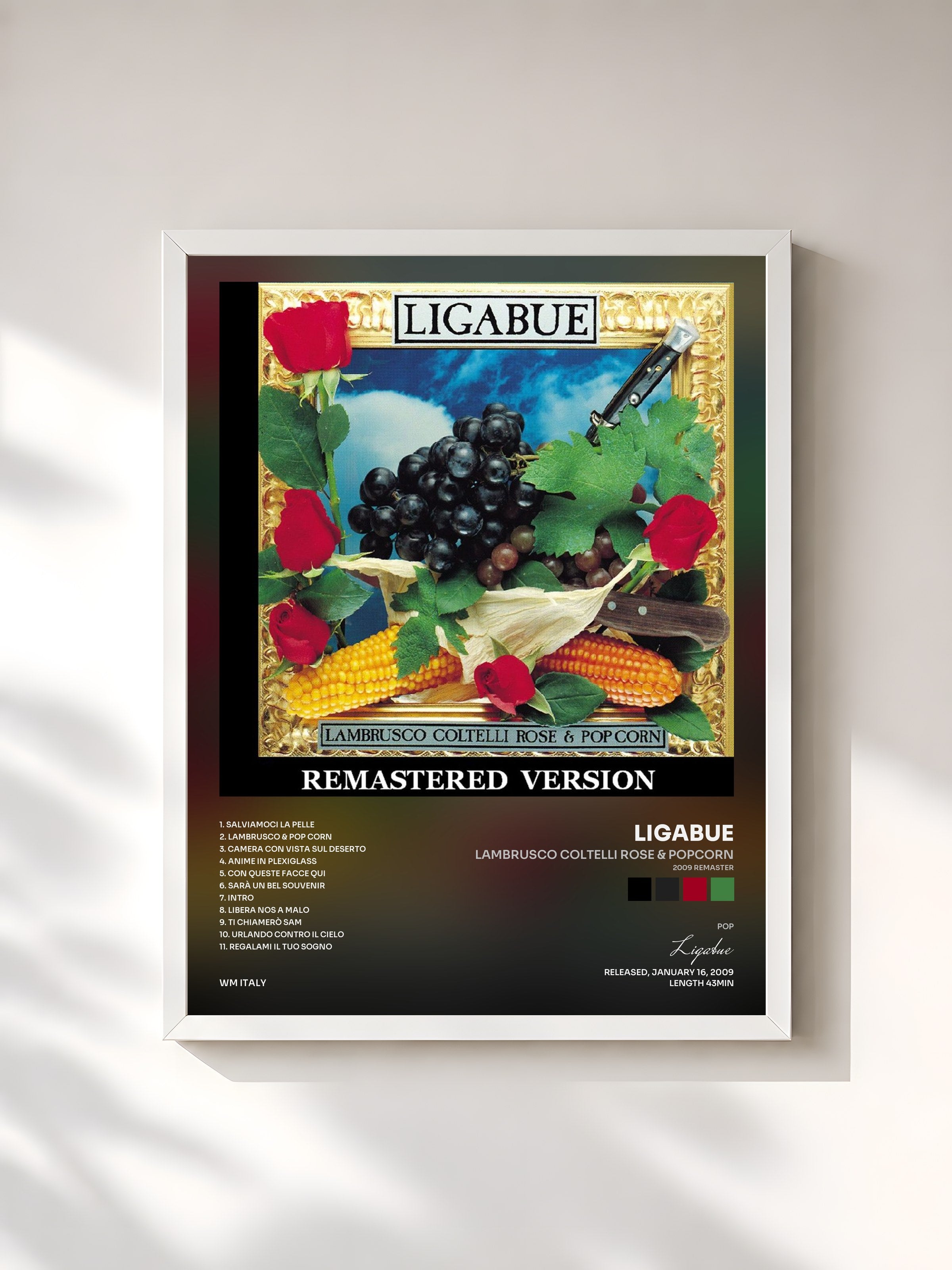 #blanc Tableau de l'album Lambrusco coltelli rose & popcorn (2009 Remaster) de Ligabue, cadre blanc, imprimé et encadré en France