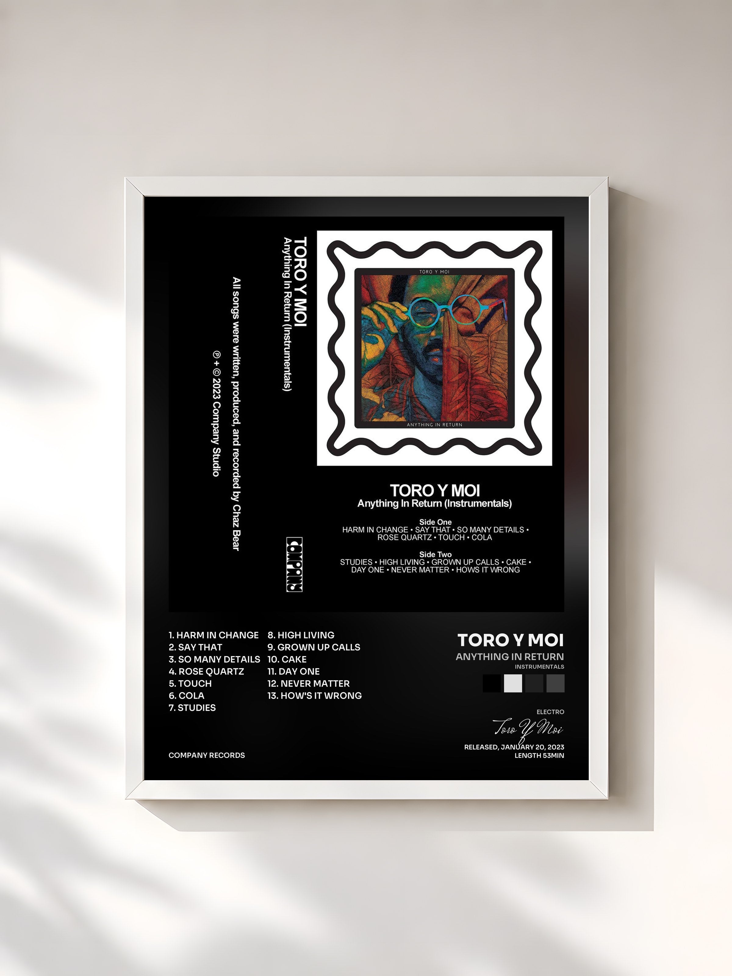 #blanc Tableau de l'album Anything In Return (Instrumentals) de Toro Y Moi, cadre blanc, imprimé et encadré en France