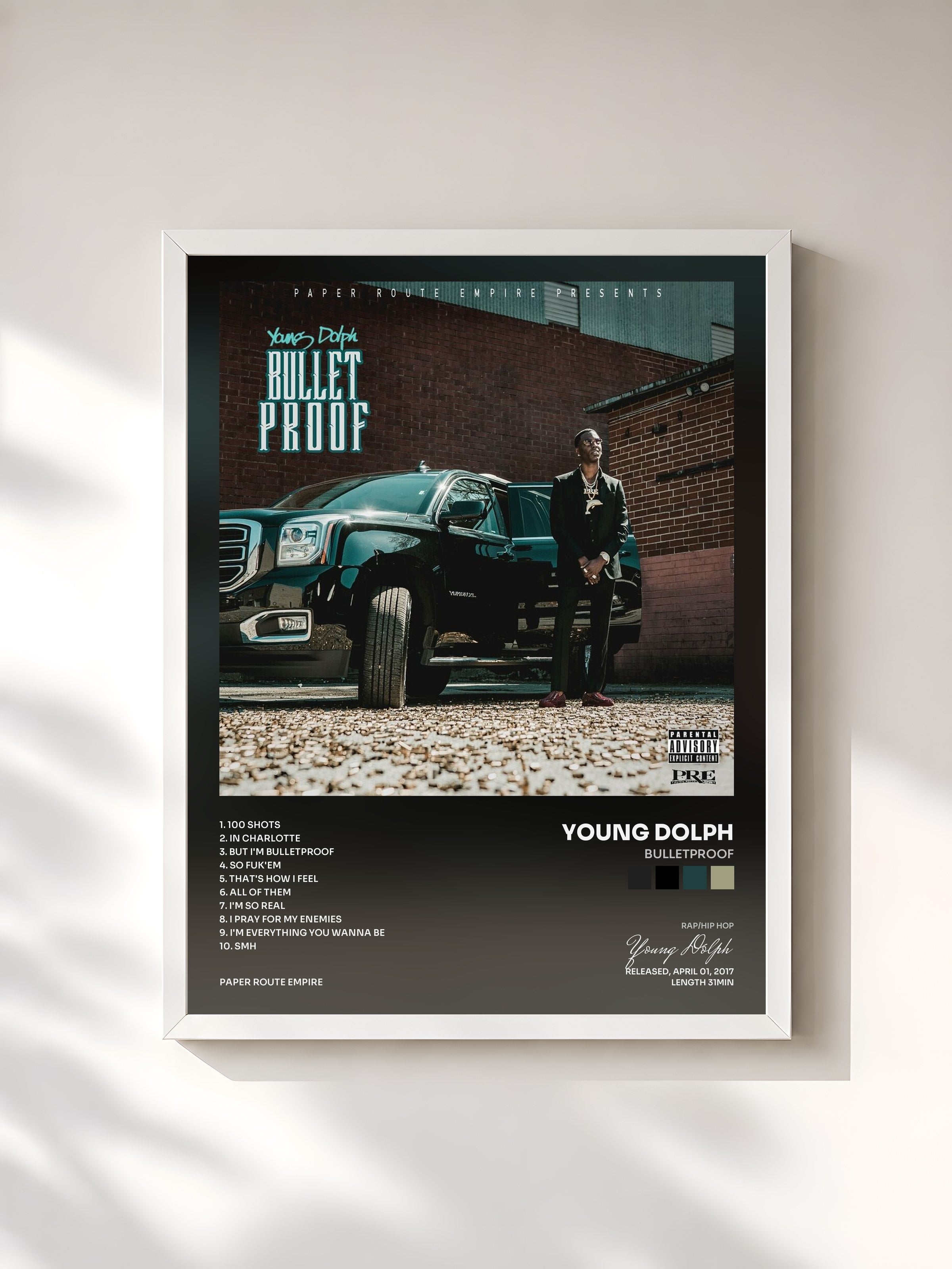 #blanc Tableau de l'album Bulletproof de Young Dolph, cadre blanc, imprimé et encadré en France