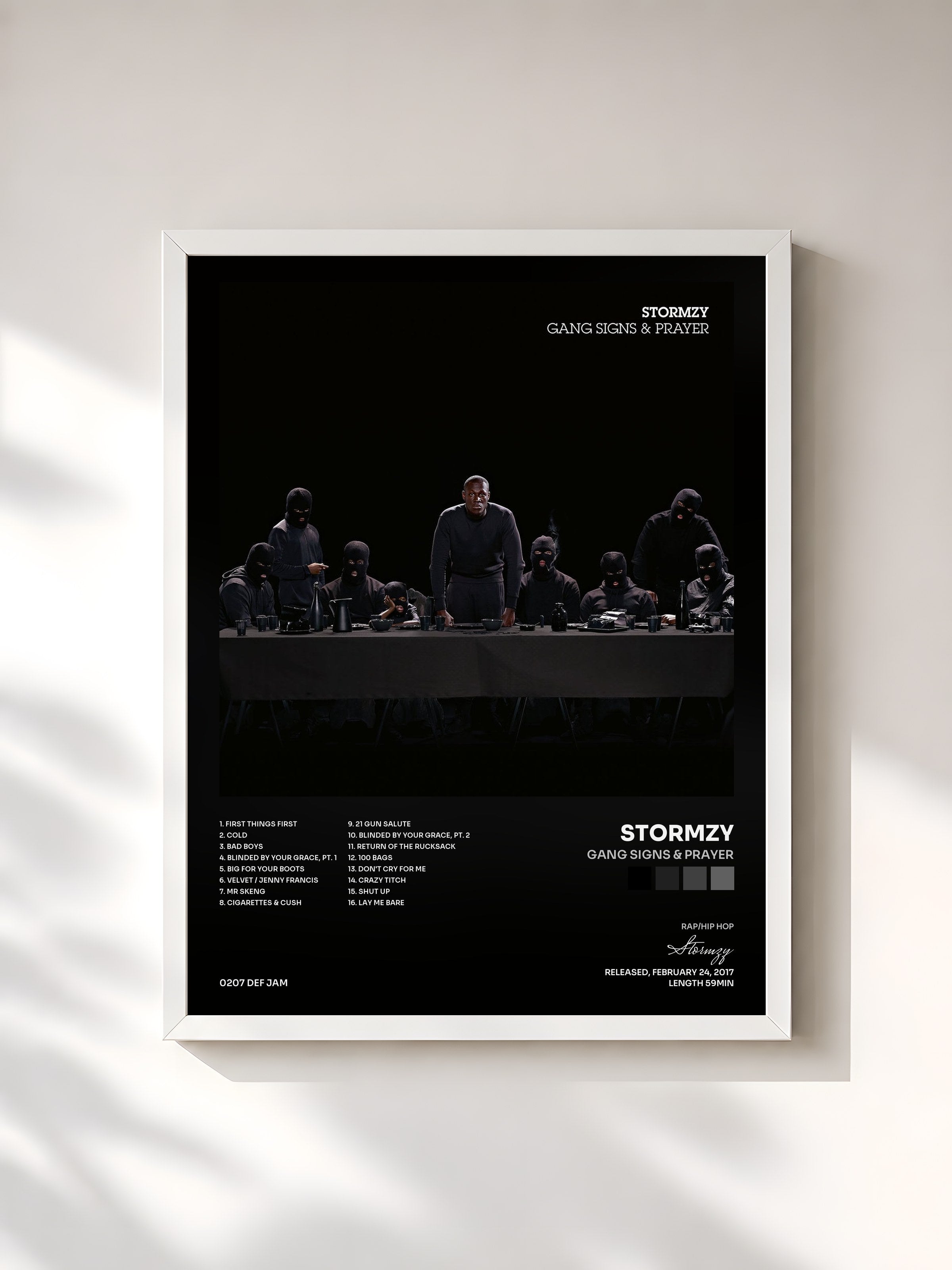 #blanc Tableau de l'album Gang Signs & Prayer de Stormzy, cadre blanc, imprimé et encadré en France
