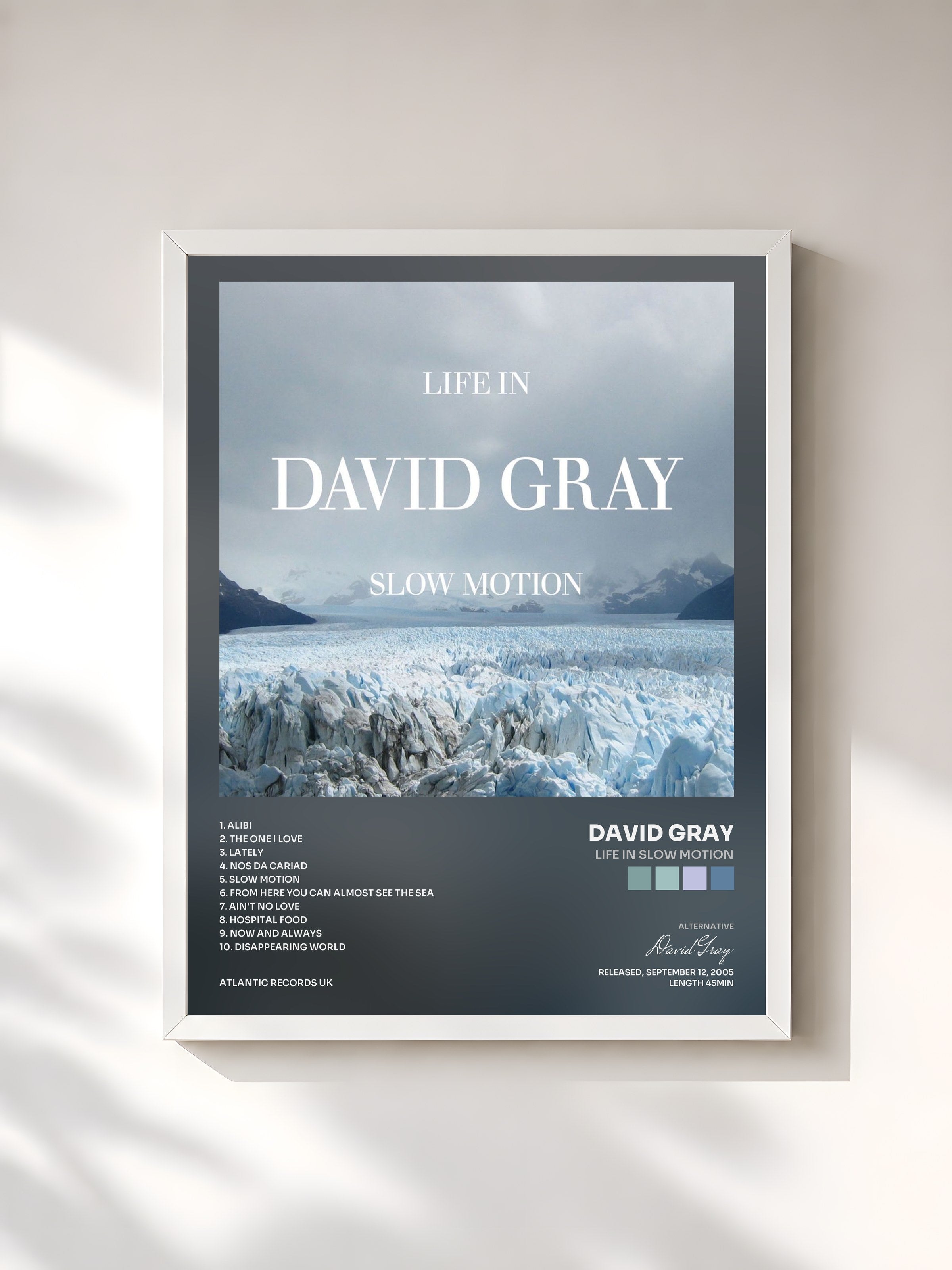 #blanc Tableau de l'album Life In Slow Motion de David Gray, cadre blanc, imprimé et encadré en France